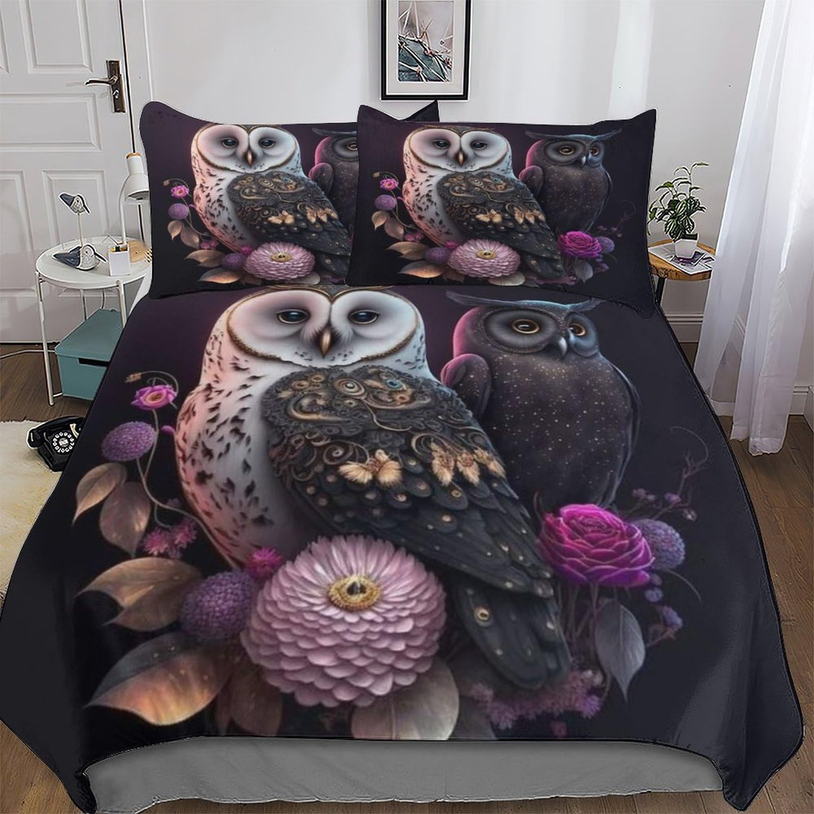 Parure de lit hibou avec housse de couette king 220x240cm et taies d'oreiller enfants en microfibre