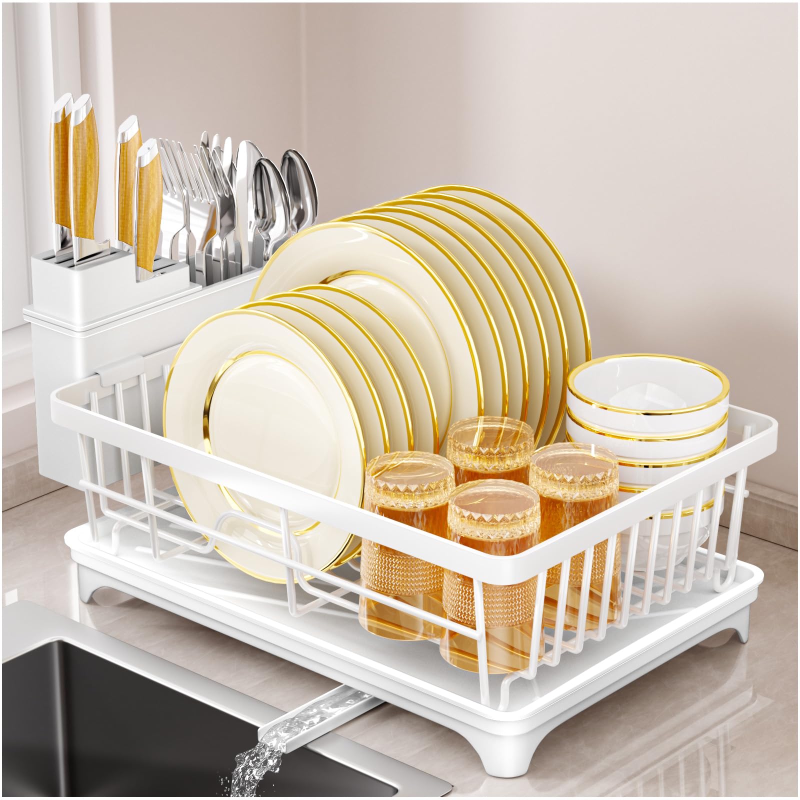 SavvyStor Dish Drainer Rack - Space Saving Dish Rack for Kitchen Counter, Kitchen Dish Drainer with Utensil Holder, Drain Board, White