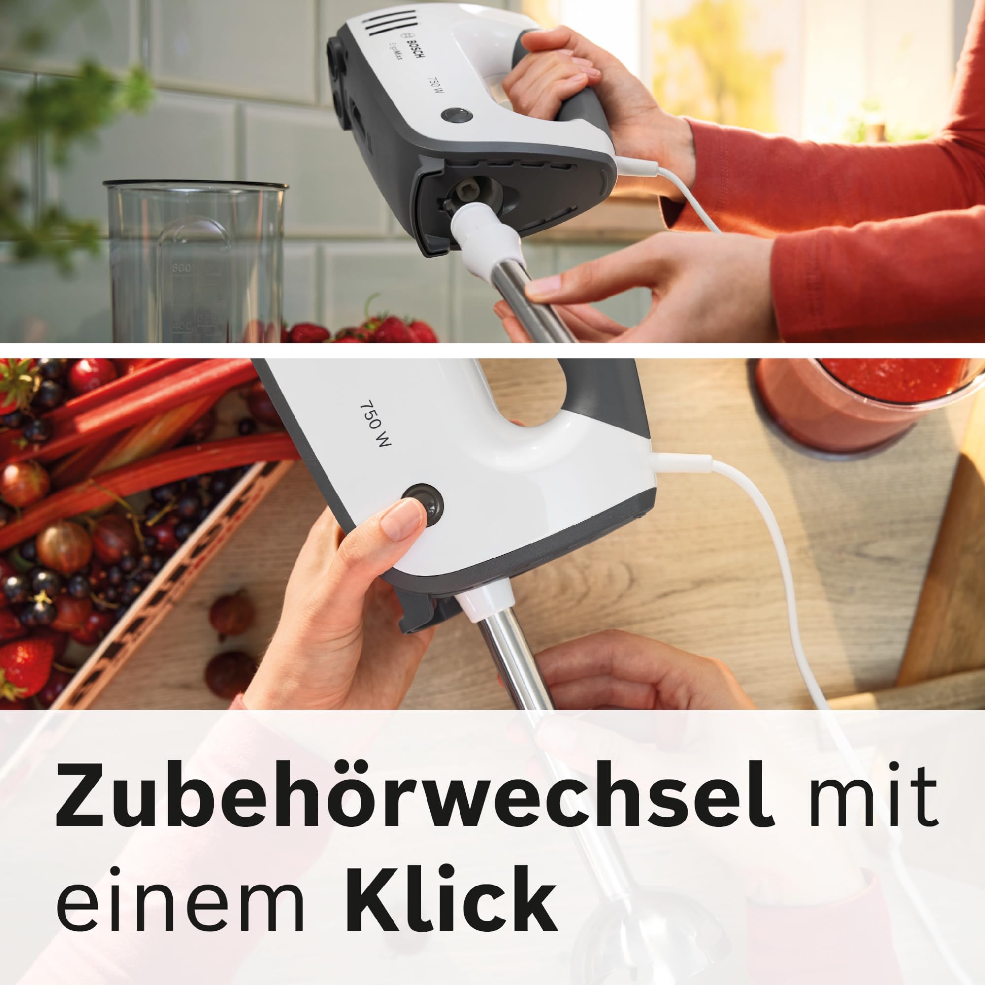 Bosch Handrührgerät, mit Pürierstab, Mixbecher, Edelstahl Rührer, Knethaken, spülmaschinenfest, 5 Stufen plus Turbotaste, weiß/grau, 750 W, ErgoMixx MFQ37470