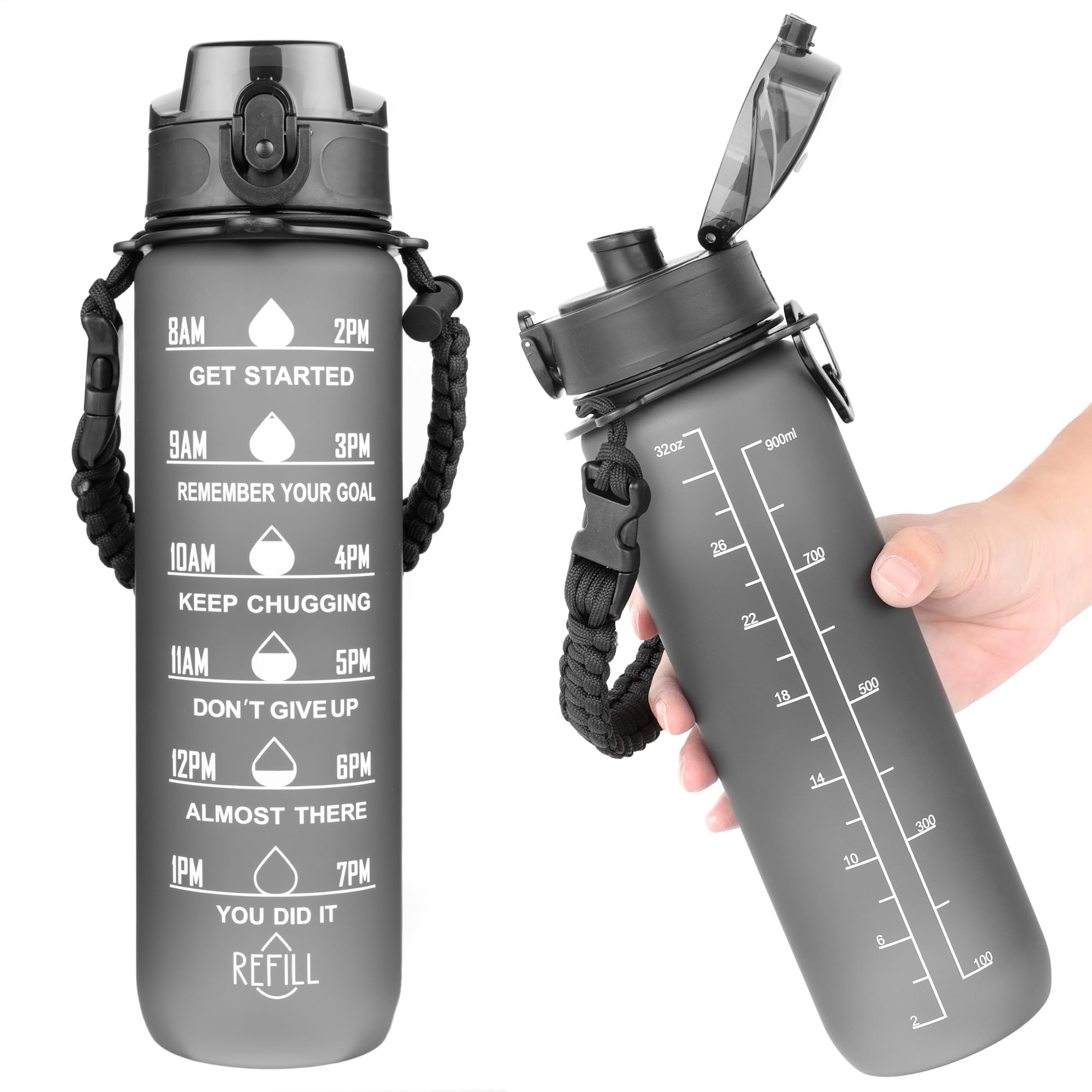 AiQInu Borraccia 1 Litro con Indicatore di Tempo e senza BPA, Aprova di Perdite, Chiusura Sicura, Cavo per Ombrello e Manico per il Trasporto Intrecciato per Palestra, Fitness e Outdoor