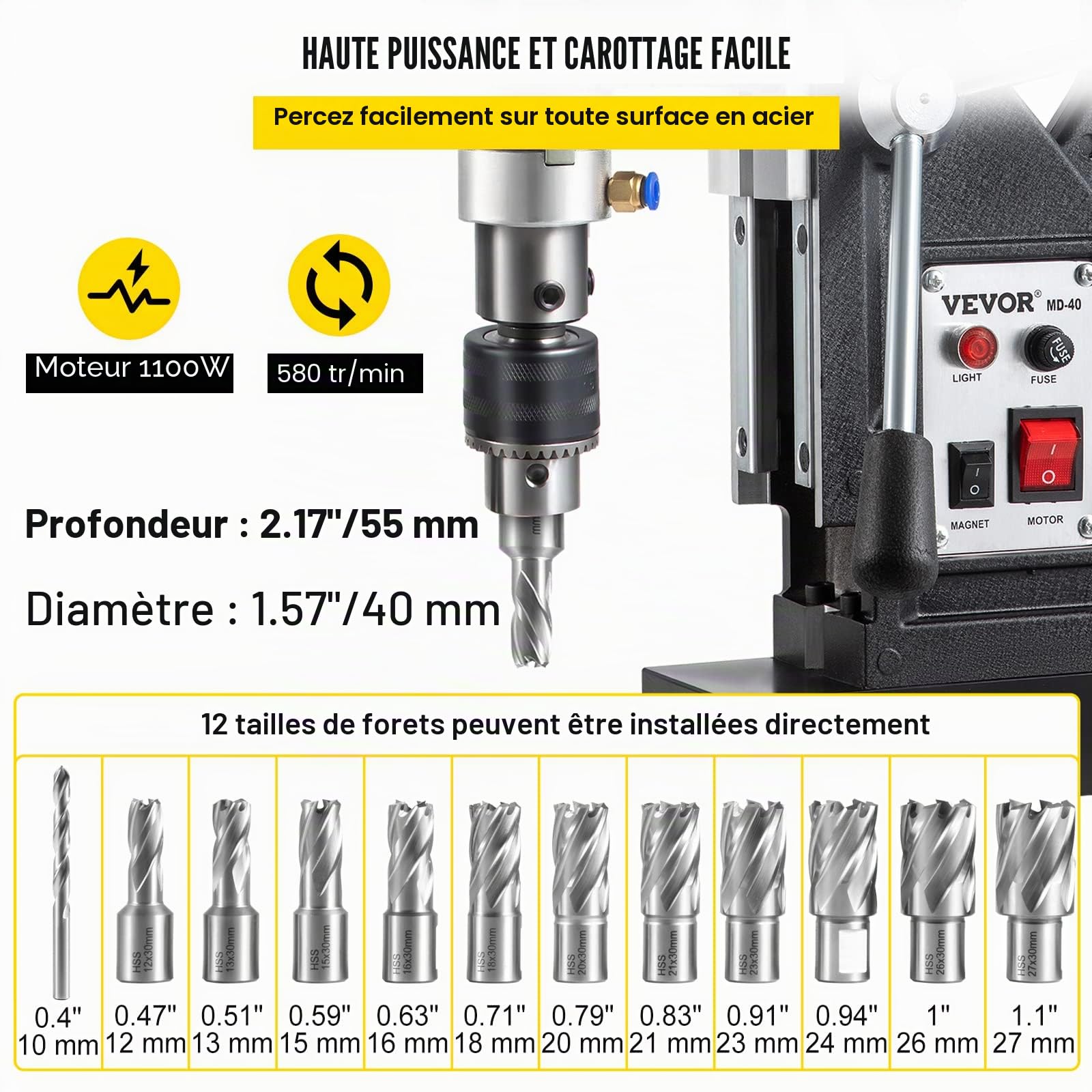 VEVOR Perceuse Magnétique 12000N Perceuse à Colonne 36 x 28 x 12cm Foreuse sur Colonne 1100W Douze Éléments Pratique pour la Construction de Navires Ponts la Fabrication Industrielle et Sidérurgique