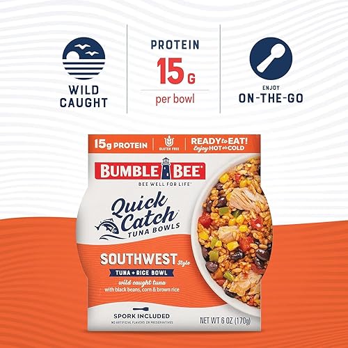 Miniatura 2 de Bumble Bee Quick Catch Southwest - Tazón de arroz y atún capturado en la naturaleza, 6 onzas, listo para disfrutar, tenedor incluido, 0.53 oz de