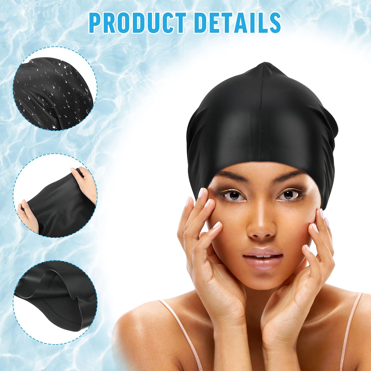 Swimming Cap for Long Hair Summer Swim Cap Black Adult Unisex Beach Swimming Hats for Women Men Ladies Dreadlocks Weaves Hair Extensions Braids Curls Afros Silicone Shower Cap(Large) - Image 4