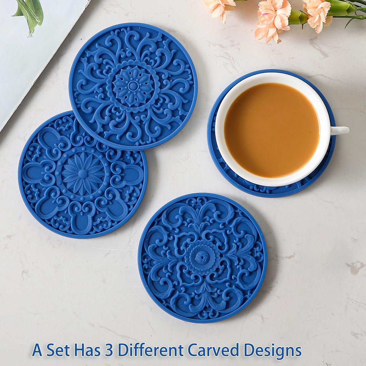 Colinda Posavasos de silicona para bebida, paquete de 6 posavasos con soporte, juego de alfombrillas para bebidas frías y calientes y para protección de mesa, posavasos de bar, 3 patrones para
