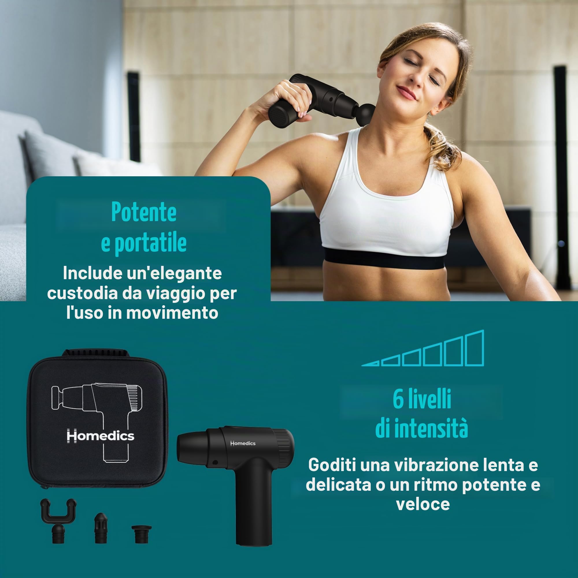 Homedics NOVO Massaggiatore Elettrico Portatile Riscaldato, Nero | 4 Accessori, 6 Livelli di Intensità, Massaggio Vibrante a Percussione per Tessuti Profondi, Sollievo del Disagio