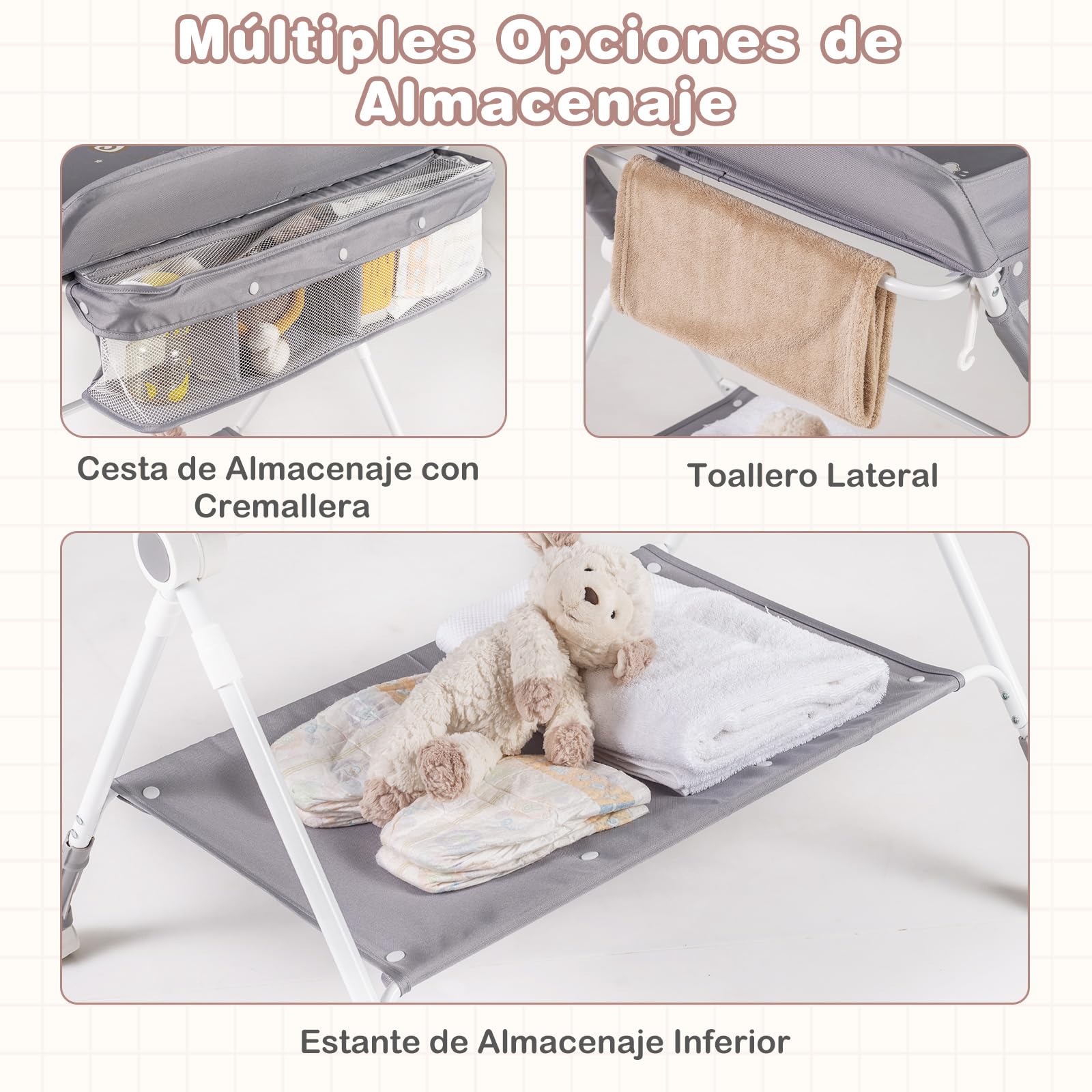 COSTWAY Cambiadora Bebé Portátil, Cambiador Plegable con Altura Ajustable de 3 Niveles, Organizador Móvil para Recién Nacidos con Cesta, Toallero, Estante y Ruedas Universales con Freno (Gris)