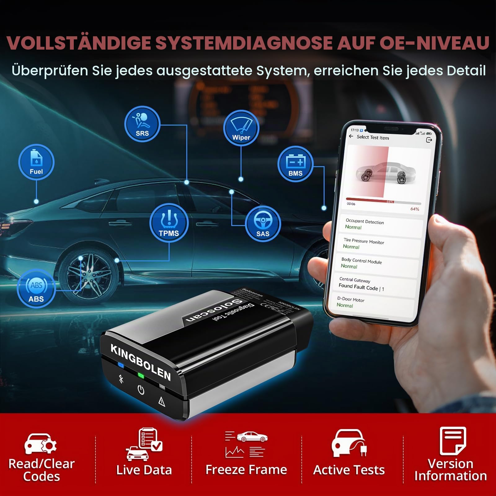 KINGBOLEN Soloscan OBD2 Diagnosegerät für Ford/für Mazda, Alles System Kfz Diagnosegerät für iPhone & Android, 50+ Reset-Funktion,Bi-direktionale,Aktiver Test,Lebenslanges kostenloses Update.