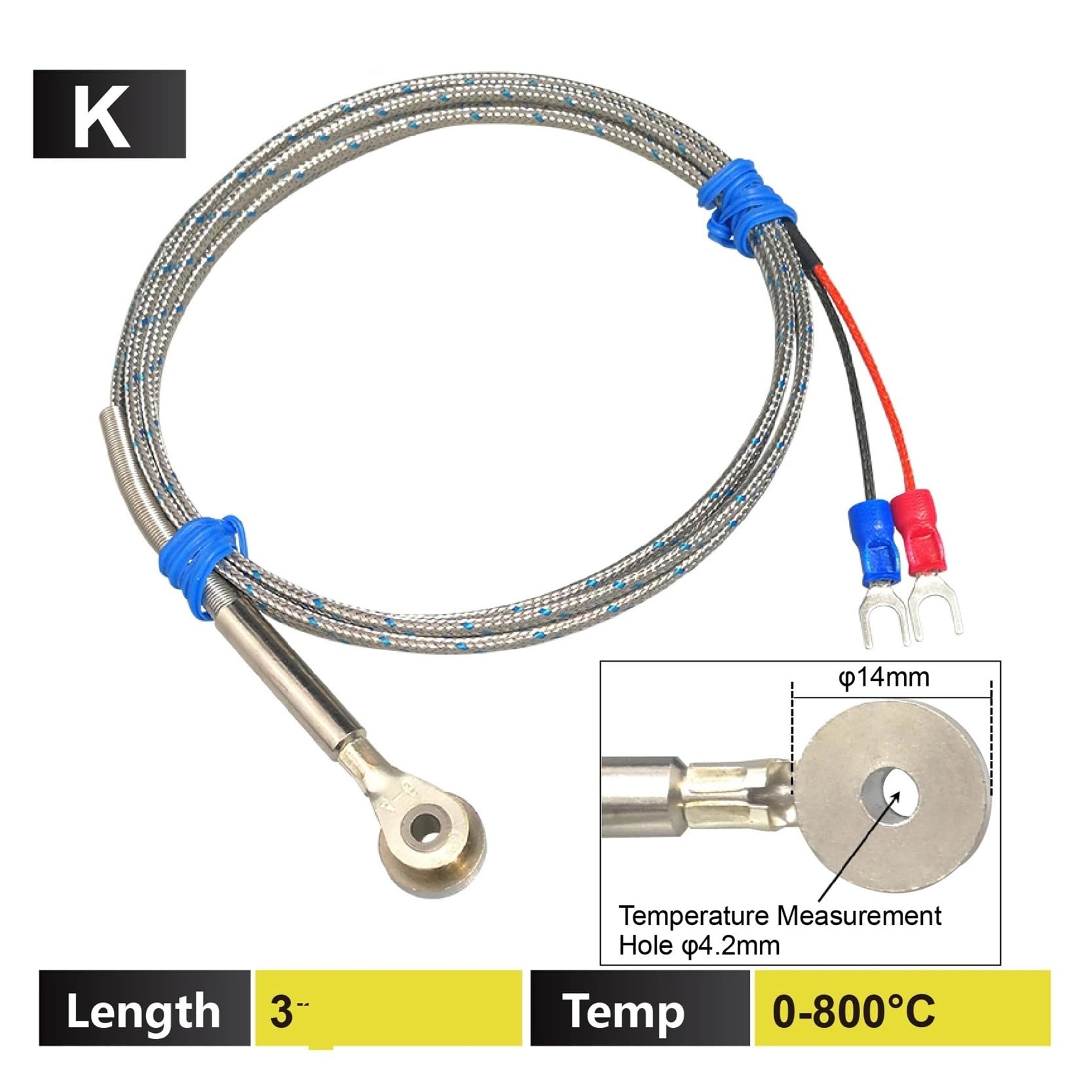 Sonda de termopar tipo K, sensor de temperatura de acero inoxidable tipo J | K-300cm