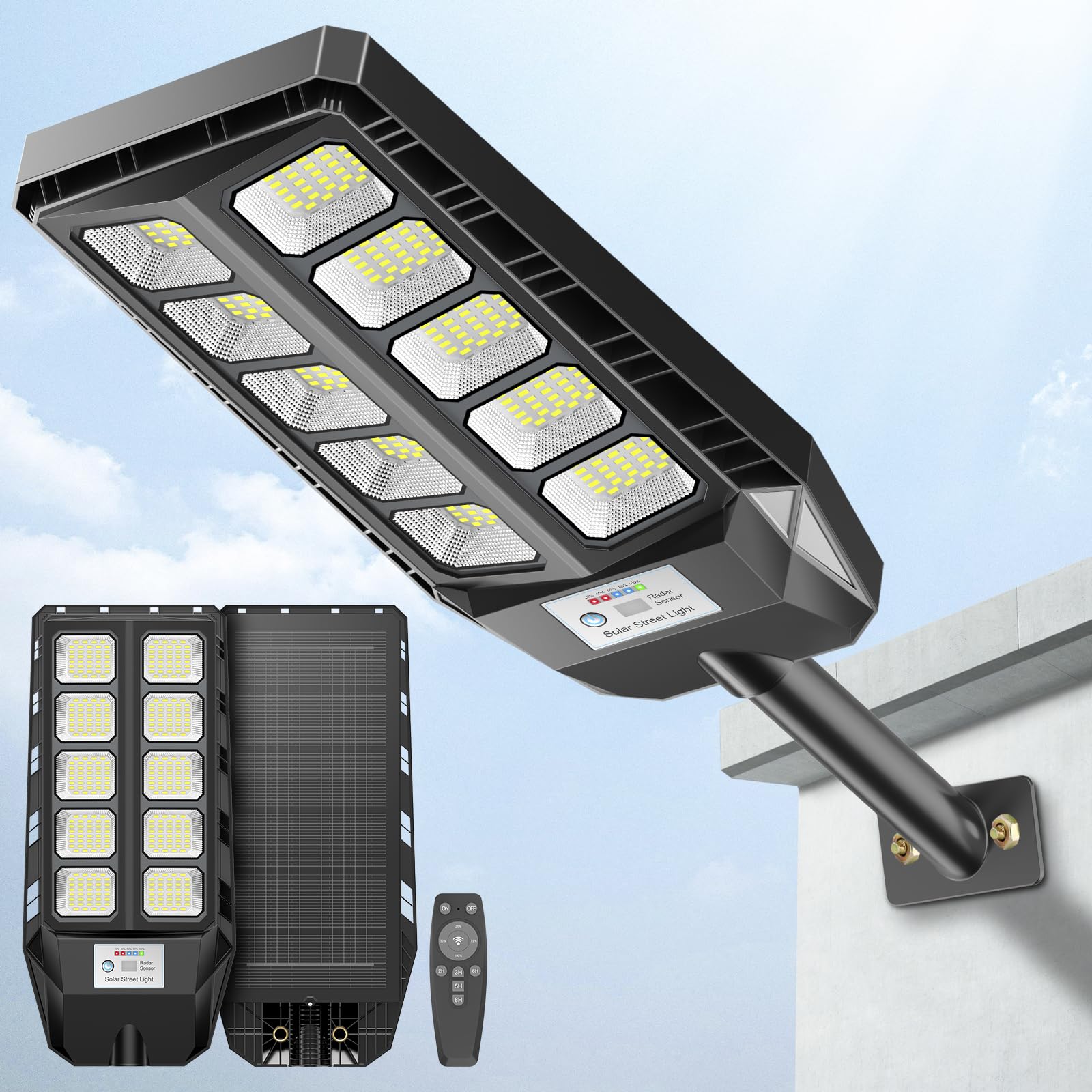 Deepn Solar Street Lights Outdoor, 1000W IP67 Waterproof, Dusk to Dawn, Motion Sensor, Black, Modern, Outdoor Solar Lights for Yard