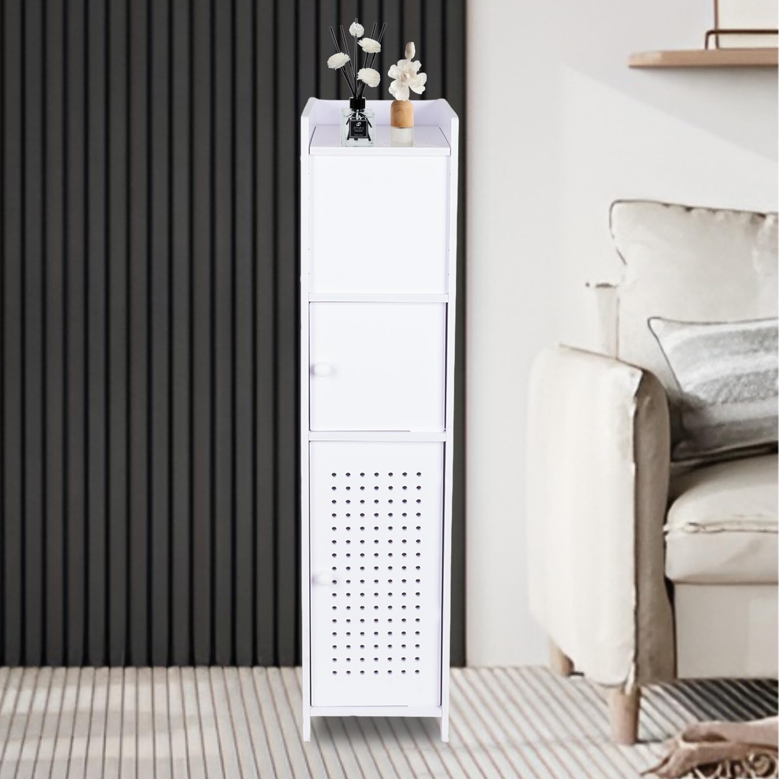 powerking Soporte para papel higiénico, pequeño armario de almacenamiento de baño blanco con puertas, armario de almacenamiento de baño delgado para espacios pequeños de esquina en el suelo