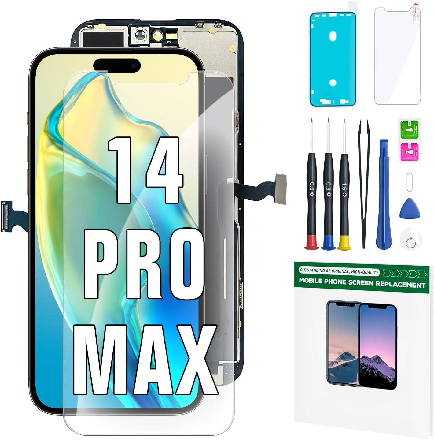 iPhone 14 Pro Max Screen Replacement Kit 6.7'' LCD Display 3D Touch Screen Digitizer Full Assembly Repair Kits Waterproof Frame Sticker+Screen Protector for A2651, A2893, A2894, A2895, A2896