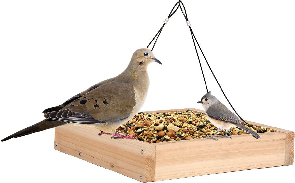 WWCF23 Rot Resistant Cedar Hanging Tray Bird Feeder with Fresh Seed Tray, Platform Feeder for Outdoor Wild Bird Seed Feeder and Décor, Wood