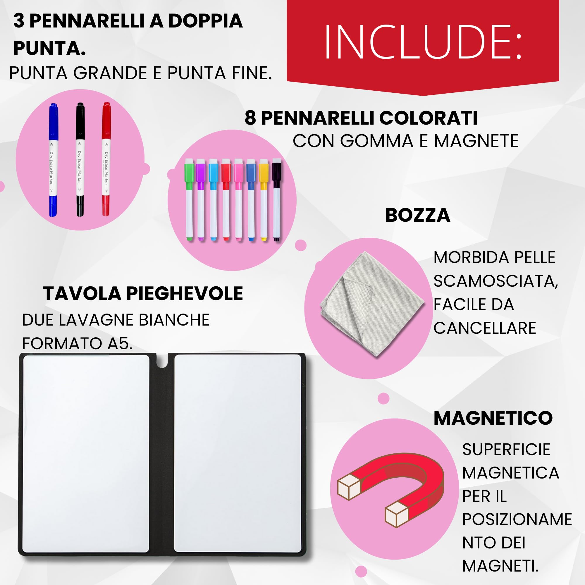 Starplast Brochin - 2 Pennarelli Per Lavagna Bianca Con Magnete E Gomma + Gomma Cancellino Con Magnete - Punta Rotonda 2mm, 8 Colori Casuali