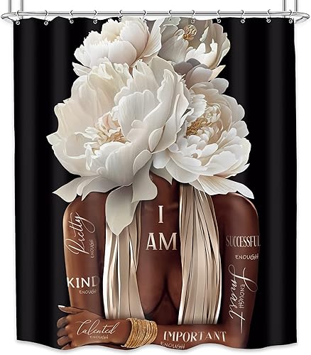 Miniatura 6 de MESHELLY Cortina de ducha negra de 60 pulgadas de ancho x 72 pulgadas de alto, mujer afroamericana con citas florales de peonía blanca y negra,