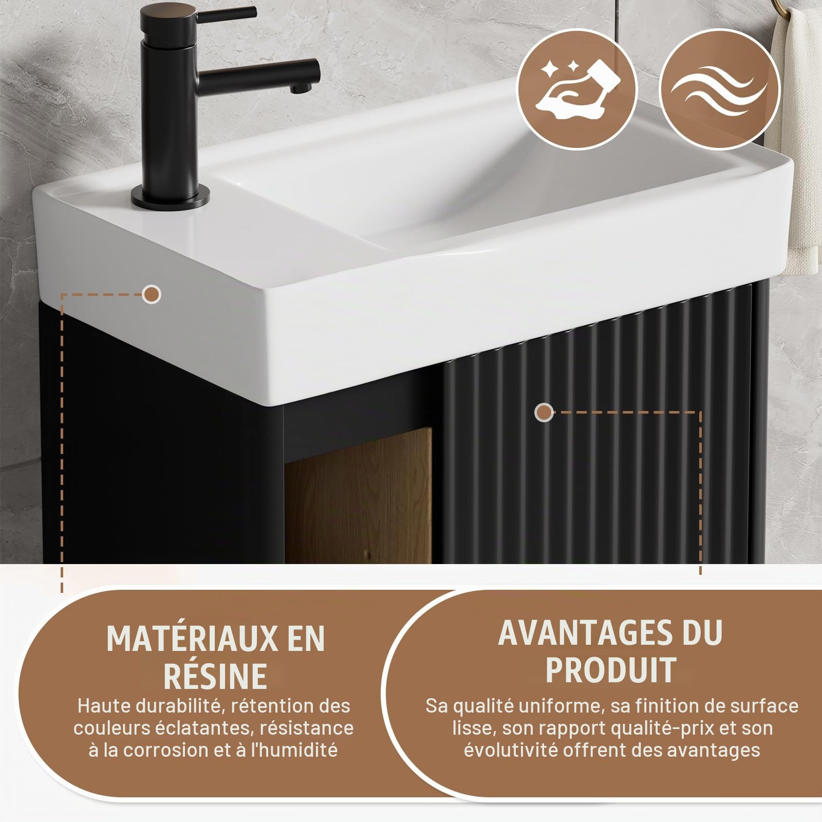 MSFE Meuble Lave Main WC 50 cm Largeur,Meuble Lave-Mains Mural avec Lavabo en Résine,Espace de Rangement Caché/Ouvert pour Petites Salles de Bain et WC,Motif de Ligne,50 * 60 * 30cm,sans Robinet