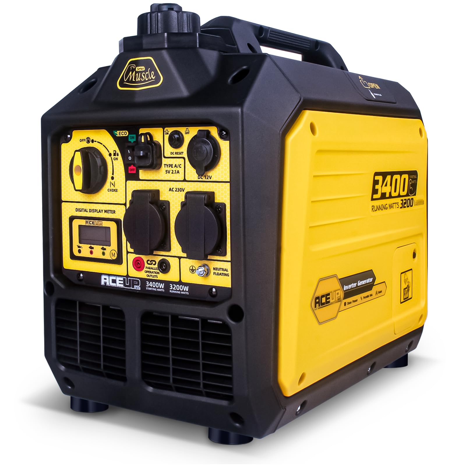 Aceup Energy - Generador inversor portátil de 3400 W, generador de onda sinusoidal pura alimentado por gasolina, silencioso para el hogar, camping, RV, EURO-V, CE