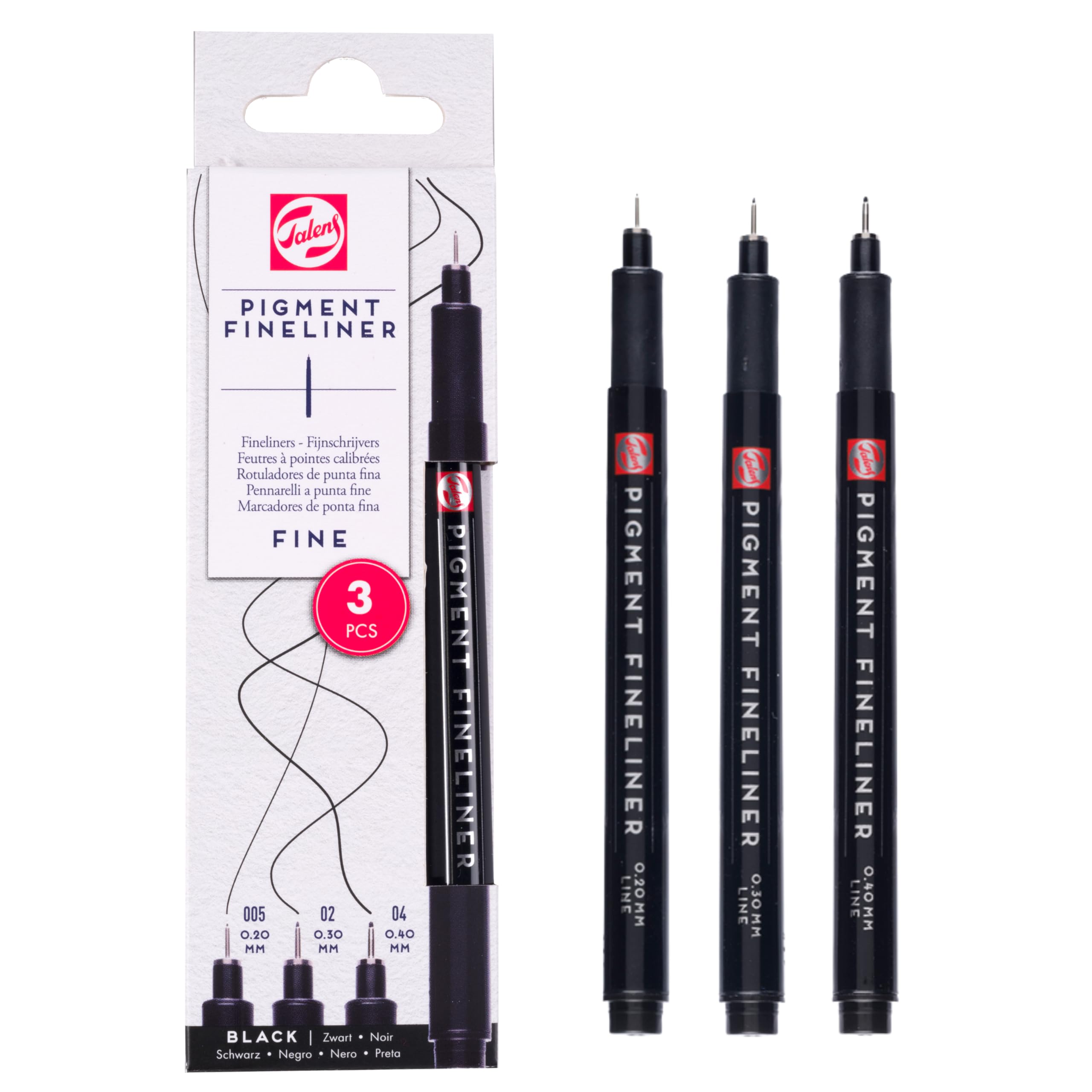 Talens Pigment Fineliner Set of 3 Fineliner Markers, 0.2 mm, 0.3 mm, 0.4 mm, Lightfast, Permanent & Water-Based, Ideal for Writing & Detailed Drawing
