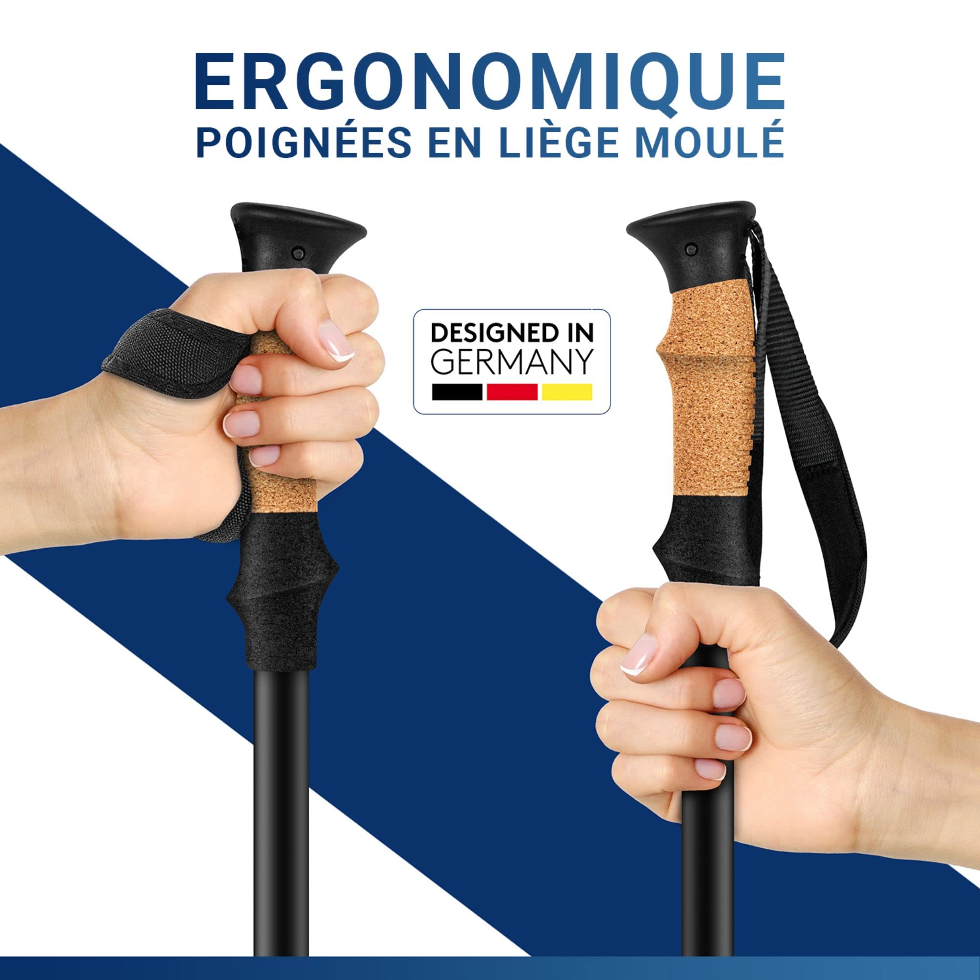 Bâtons de Randonnée | Extra Léger avec Poignée en Liège Véritable | Baton de Marche Télescopiques avec Amortisseurs en Caoutchouc | Ajustables Bâton de Marche pour Femmes et Hommes