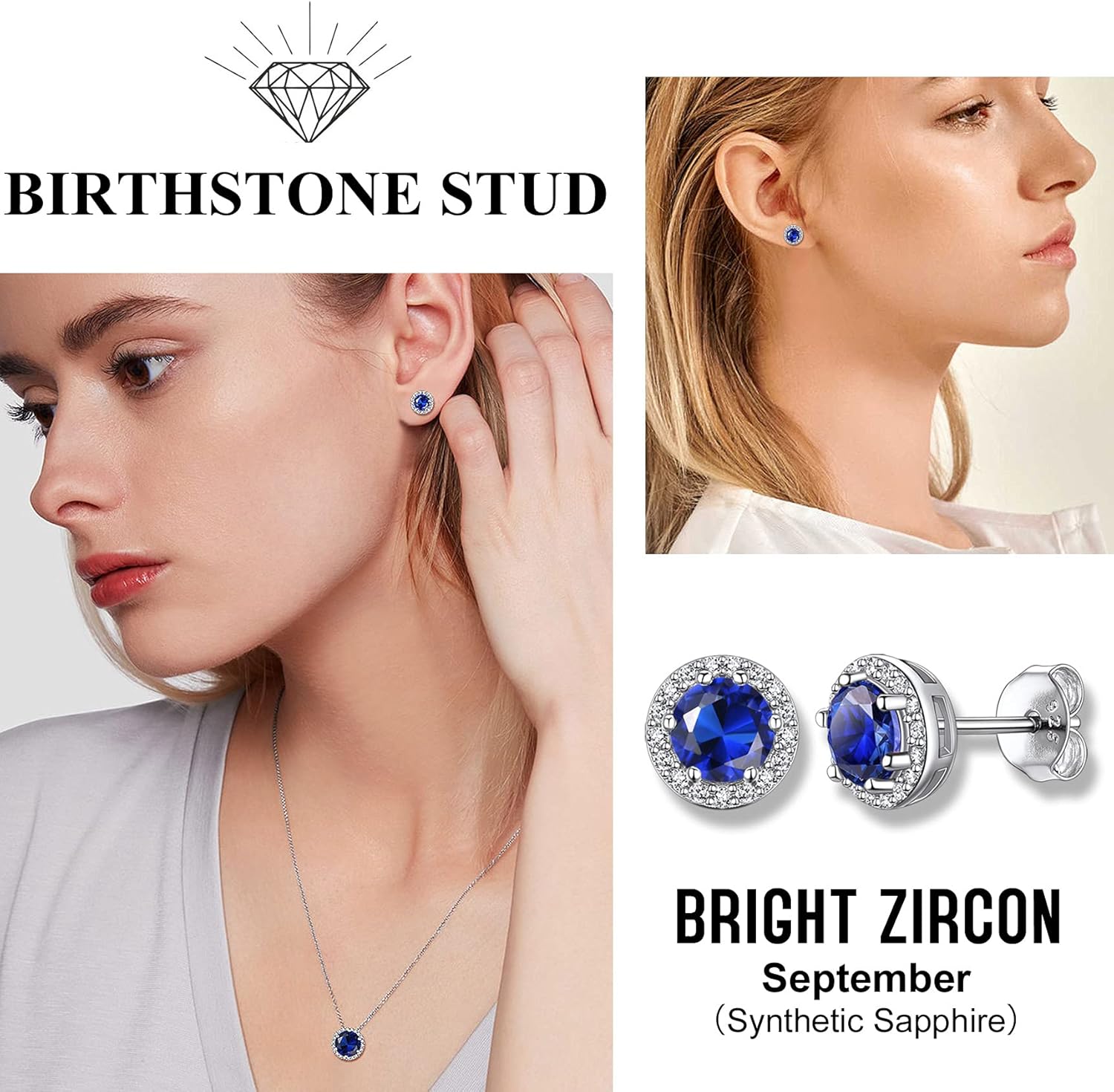 Bestyle Sparkling 925 Sterling Silver Birthstone Stud Earrings for Women, Heart/Round/Teardrop/Square Solitaire Diamond Studs Earrings, Great Birthday/Christmas Gifts - Image 2