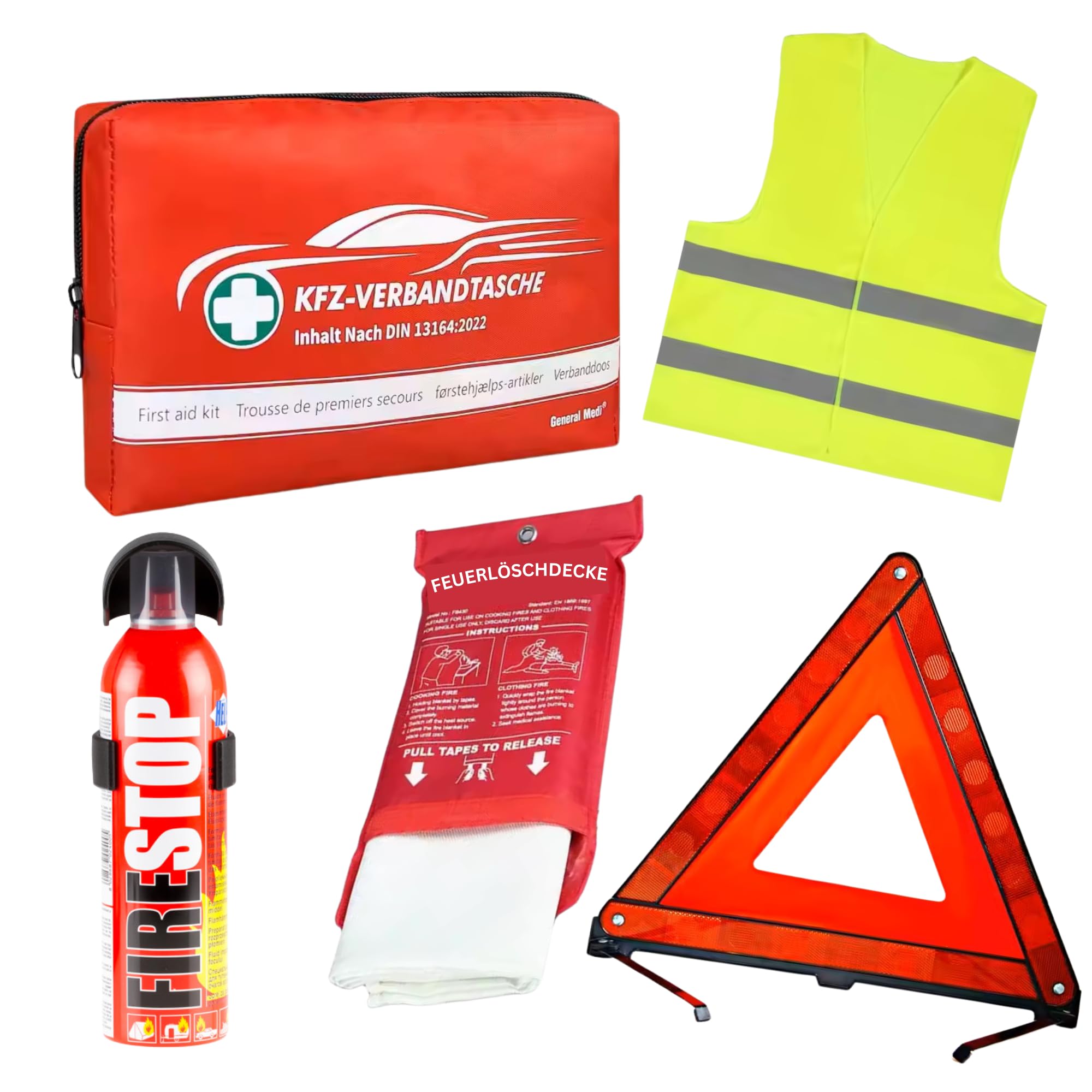 VENTON Juego de seguridad para coche y autobús, para caravanas, garajes, kit de emergencia, kit de supervivencia, kit de primeros auxilios DIN 13164, bolsa de primeros auxilios, chaleco de emergencia