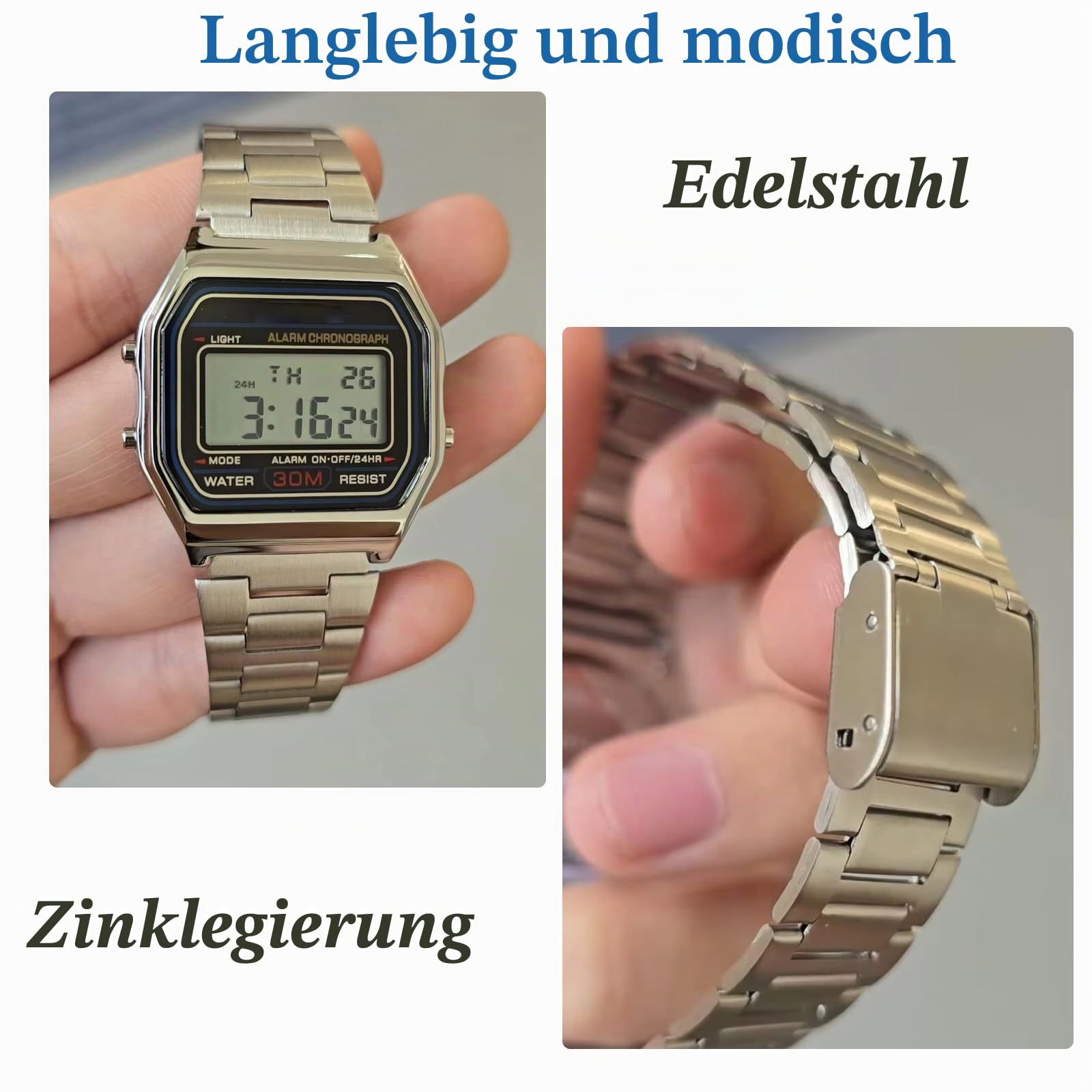 Luxuriöse Business-Armbanduhr, 30 m, wasserdicht, Edelstahl, Sportuhr, Digitaluhr
