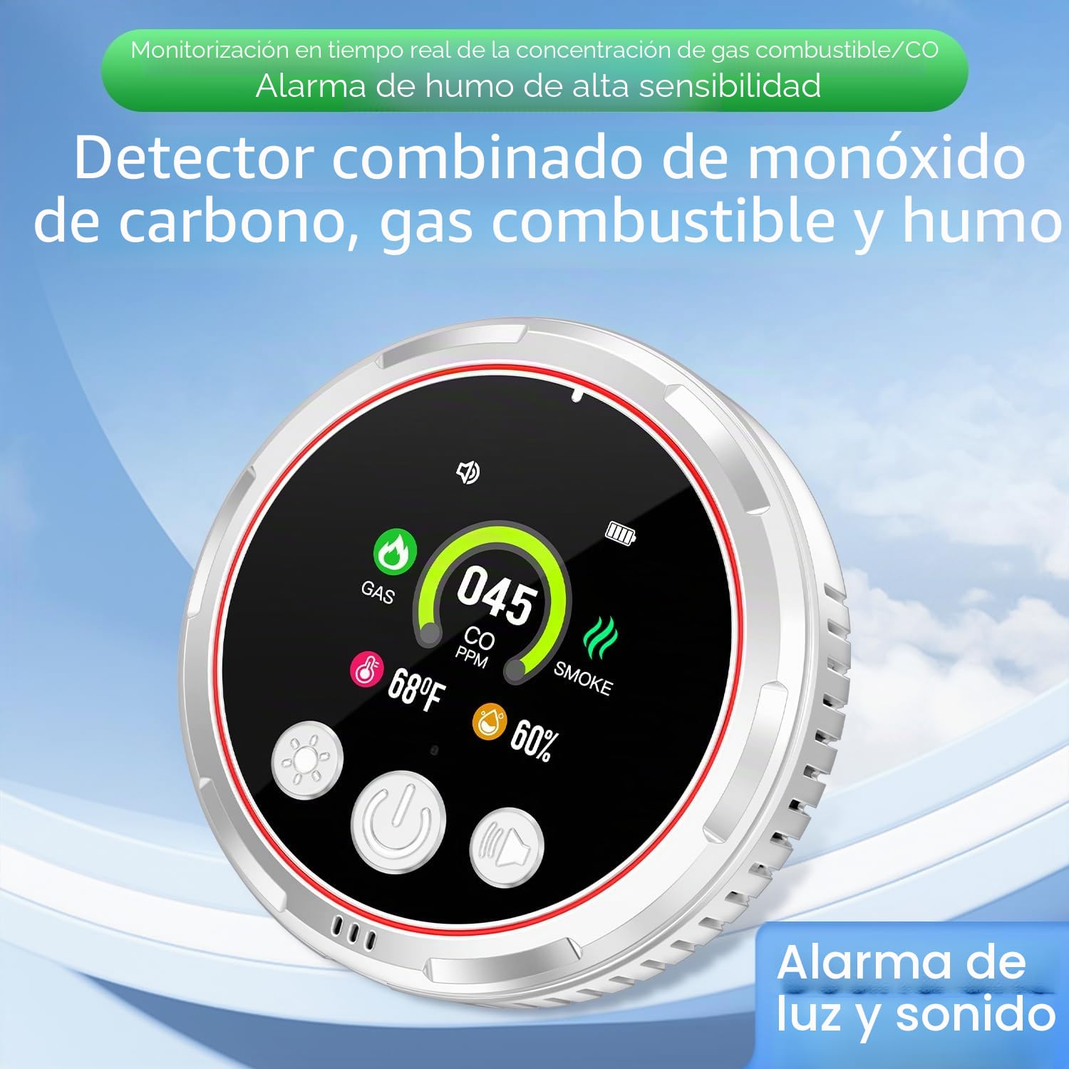 Enchufe 5 en 1 detector de humo y monóxido de carbono y combinación de gas natural combustible, batería de respaldo incorporada, pantalla HD [sensor de humedad de temperatura de gas humo CO] para el