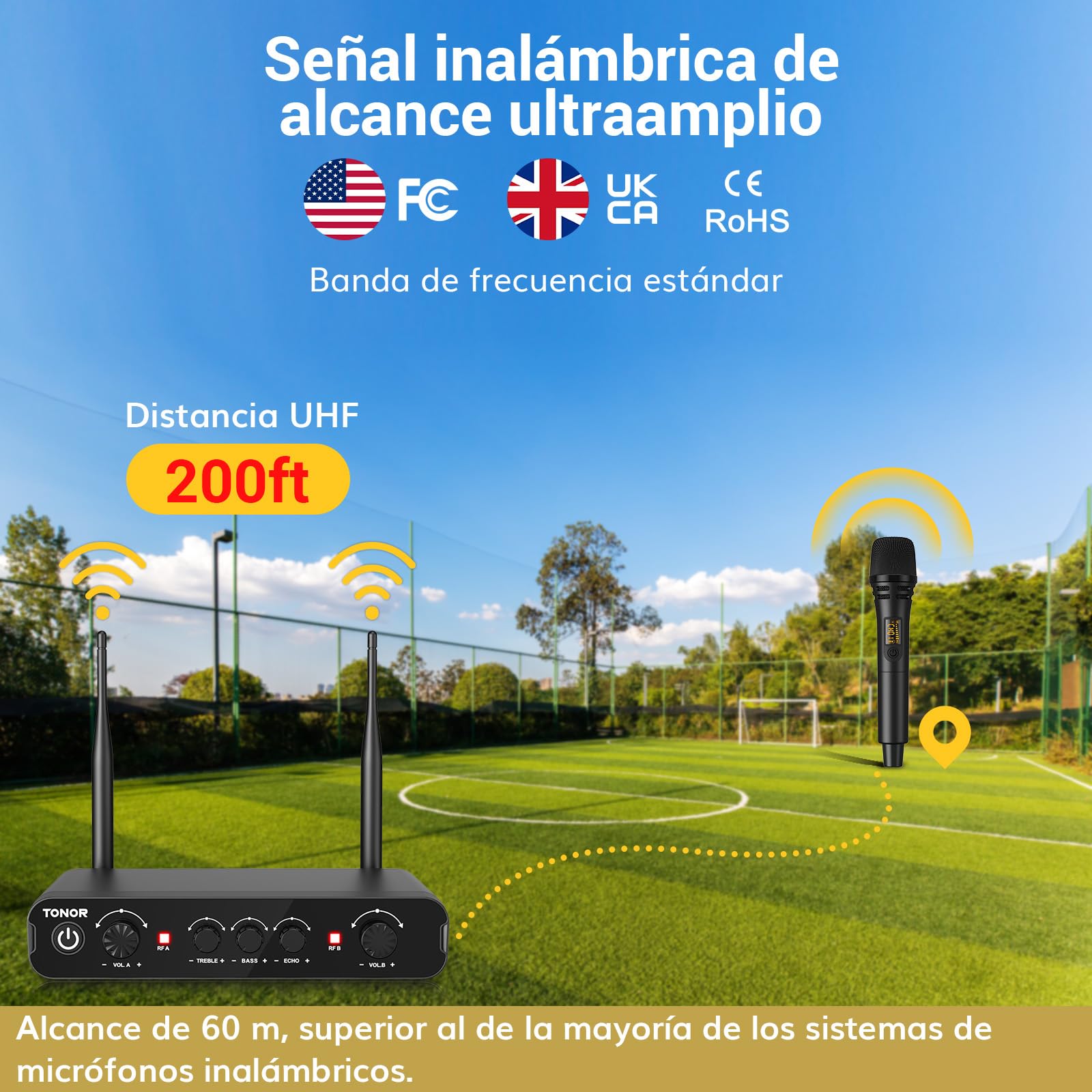 TONOR Micrófono Inalámbrico, Dual Mic UHF Sistema de Micrófono Dinámico de Mano con Receptor, Compatible con Amplificador, Sistema PA,para Karaoke Domestico/Boda/DJ/Fiesta/Iglesia,60M, Negro,TW350