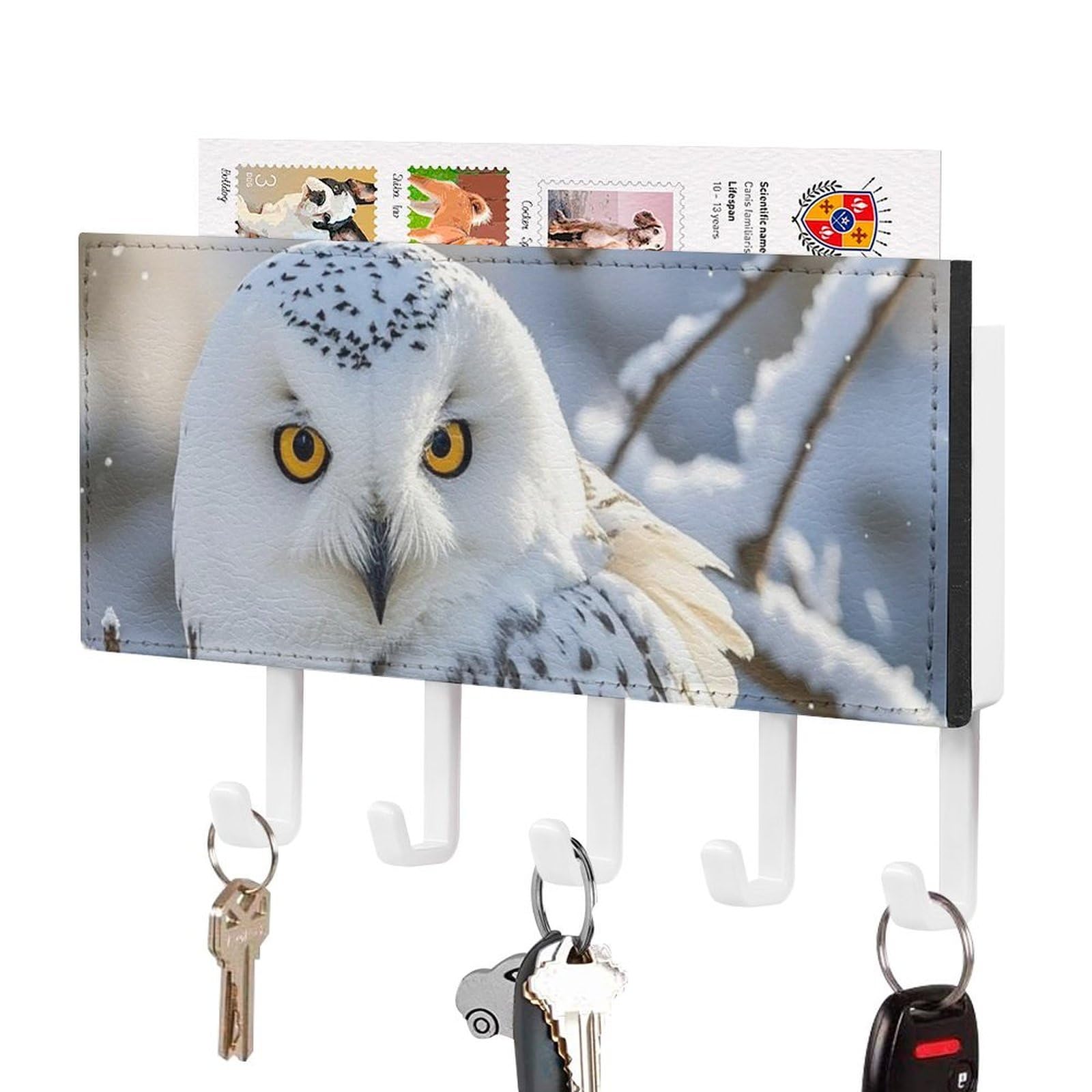 Fekiloot White-Style Winter White Owl Key Holder Wall Mount Key Hanger With 5 Hooks Decorative Key Rack Hanging Key Hooks With Mail Organizer Key Holder For Wall Living Room Kitchen Bathroom Hallway White