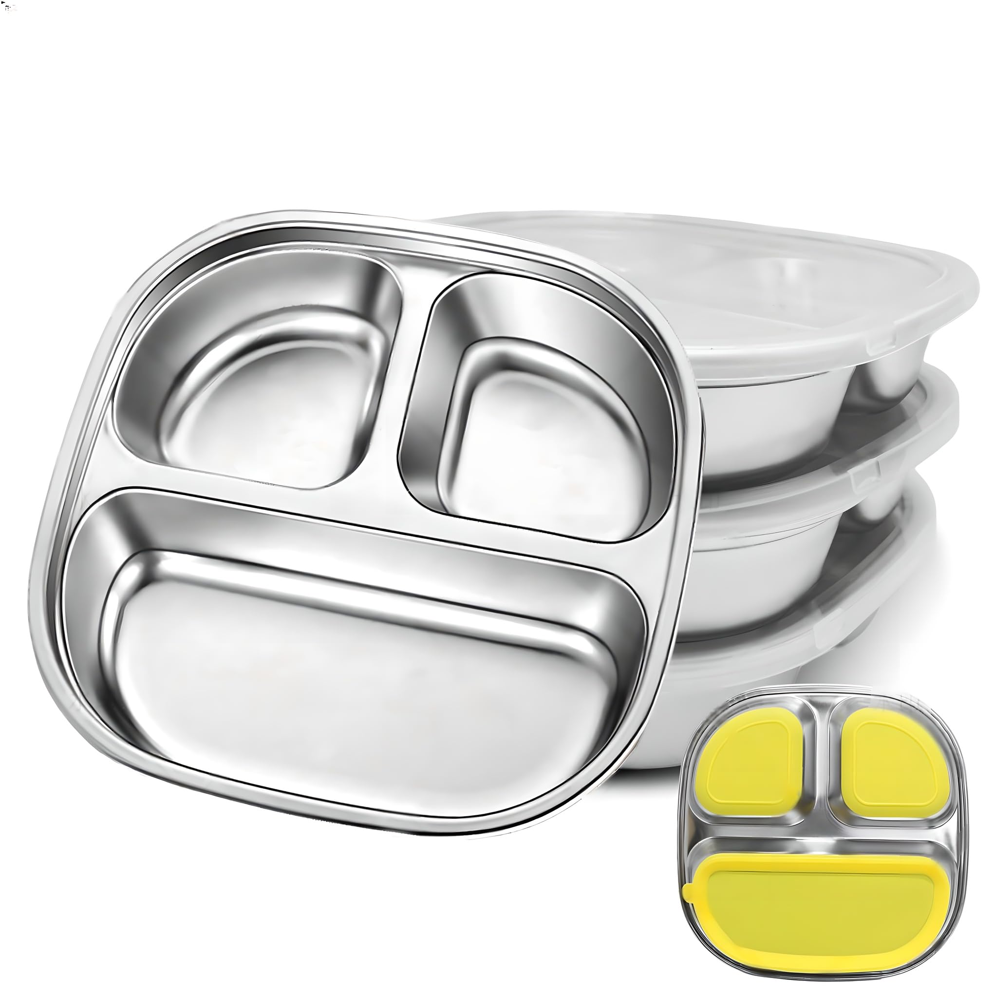 Stainless Steel Kids Plates with Suction Base & Lids | 3-Pack Non-Toxic Toddler Dinnerware Set | 316L Dishwasher-Safe, Spill-Proof Design for Daycare, Travel, Home Use