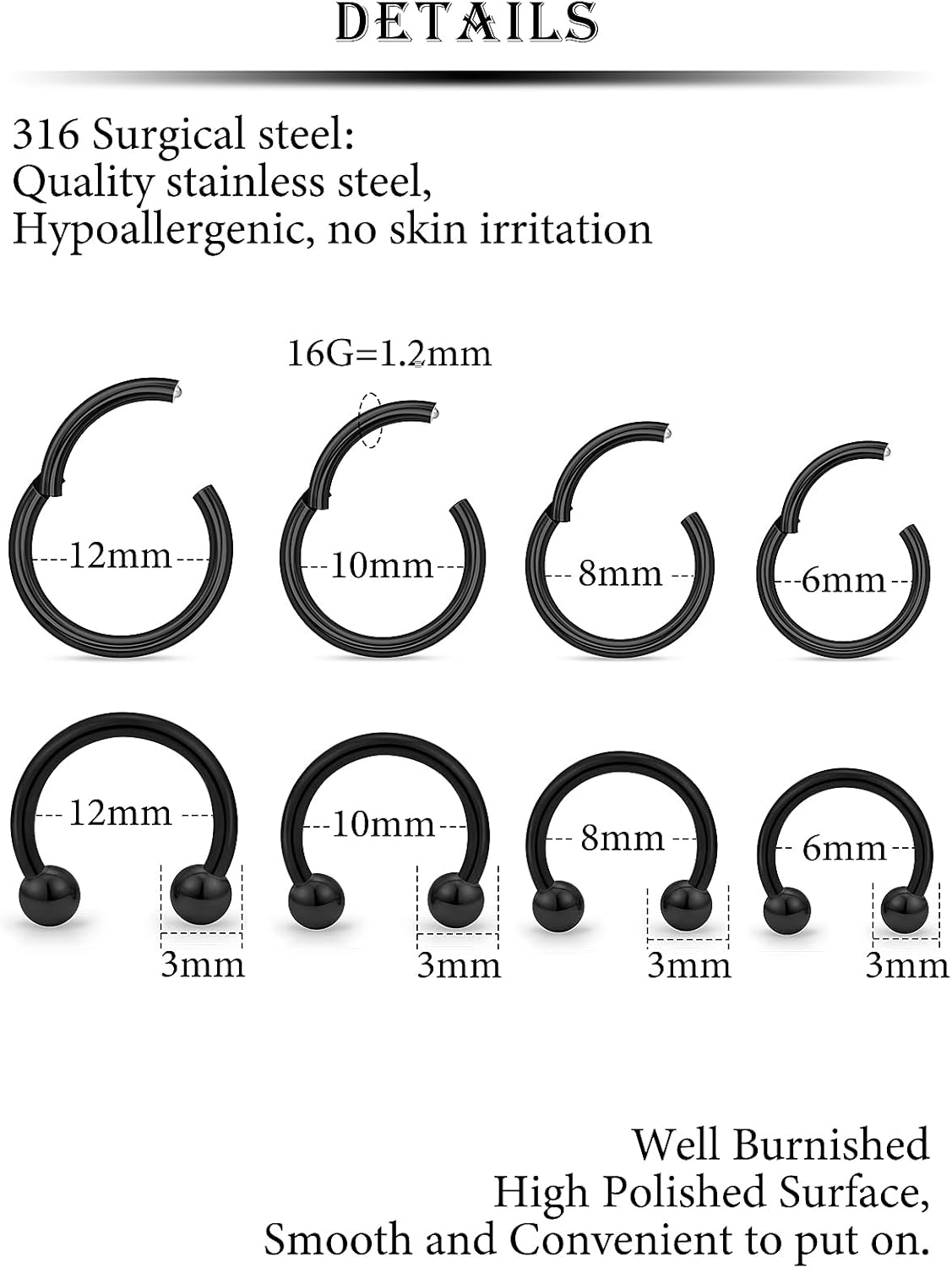 Kridzisw 20G 18G 16G 14G 12G 10G Hypoallergenic Nose Rings Hoops for Men Women 316L Surgical Steel Hinged Nose Rings for Nostril Septum Cartilage Helix Daith Tragus Rook Conch Lip Ear Lobe Piercing - Image 2