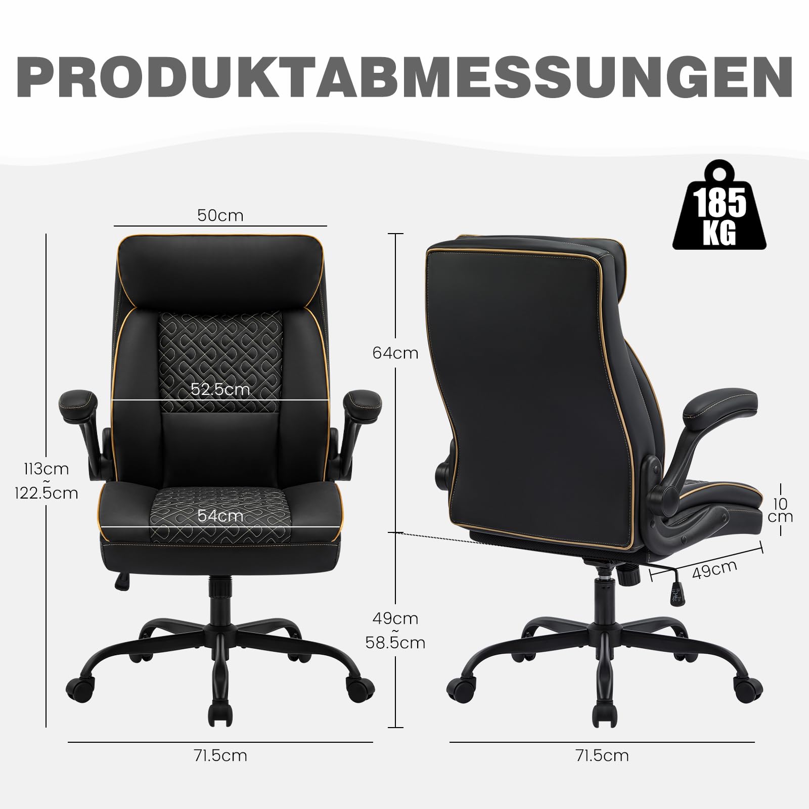 Hellove Chefsessel Bürostuhl 185kg Ergonomischer Kunstleder Schreibtischstuhl mit Verstellbarer Rückenlehne und Klappbaren Armlehnen, Drehstuhl mit Kopfstütze Computerstuhl Home Office Stuhl, Schwarz