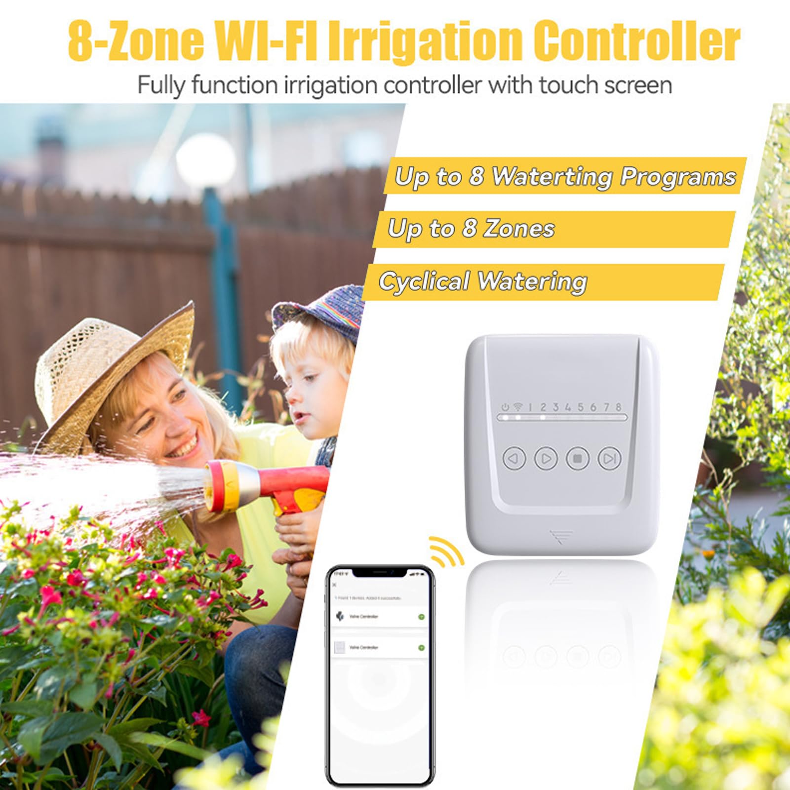 Centralina di irrigazione a 8 canali, centralina Intelligente con irrigazione Normale e Timer Cyde, Supporta 8 valvole e 1 valvola Principale, per irrigazione di Prati, Piscine e Giardini