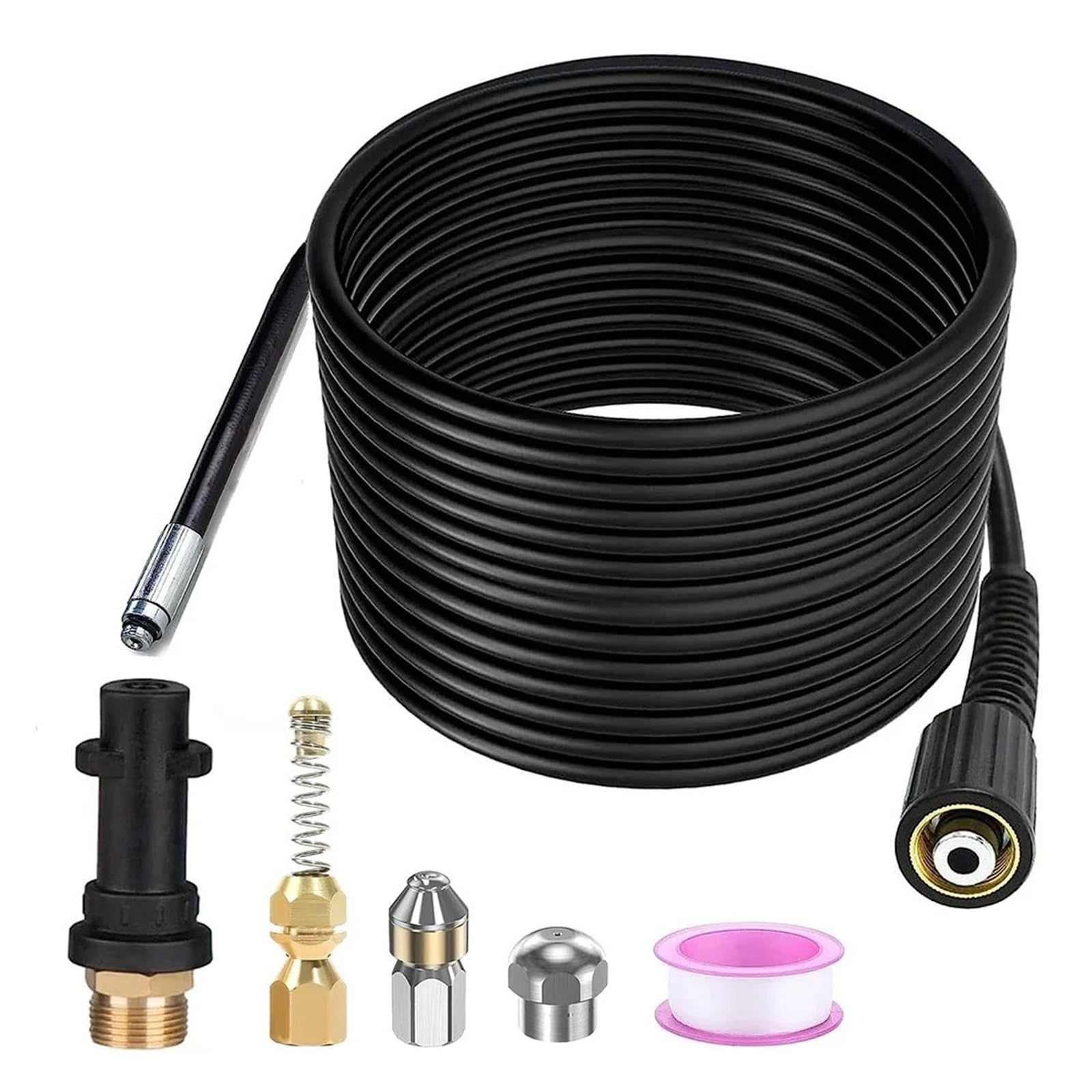 Manguera Desatascador Tuberias Kit Manguera Limpieza Tuberías 15 M - Para Hidrolimpiadoras Kärcher K2-K7, Con Boquillas Y Adaptadores Limpieza Cañerías Adaptadores