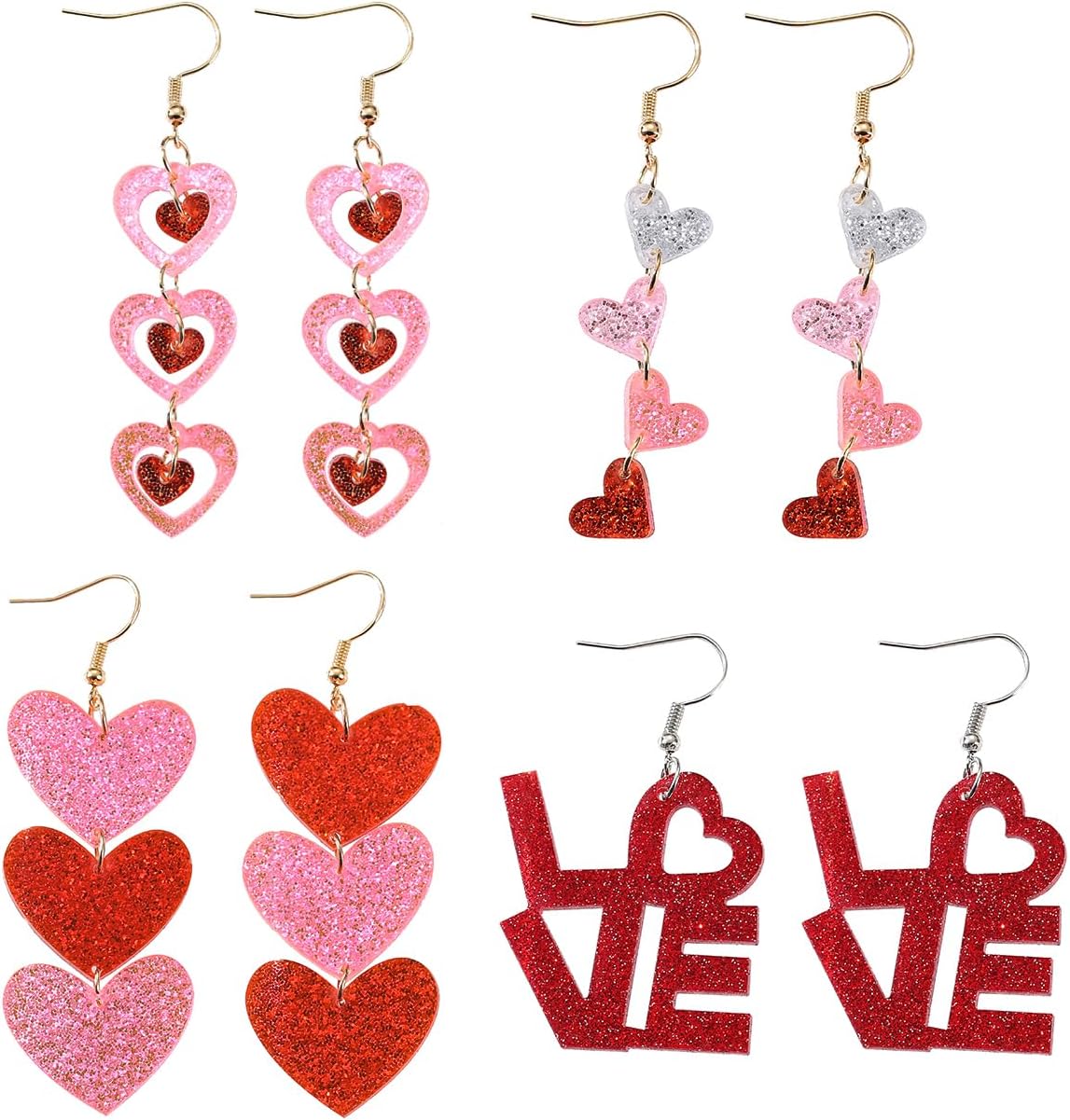IKANOO 4 Pairs Heart Dangle Earrings for Women - Valentine's Day Love Gifts, Acrylic Drop Earrings for Weddings & Dates