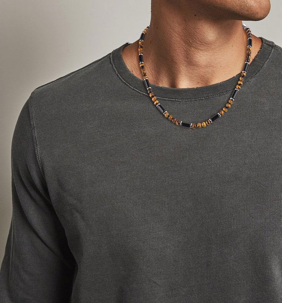 GAVU Men's Onyx & Tiger Eye Stone Beaded Necklace, 20"/22"/24" Stainless Steel OT Clasp - Image 3