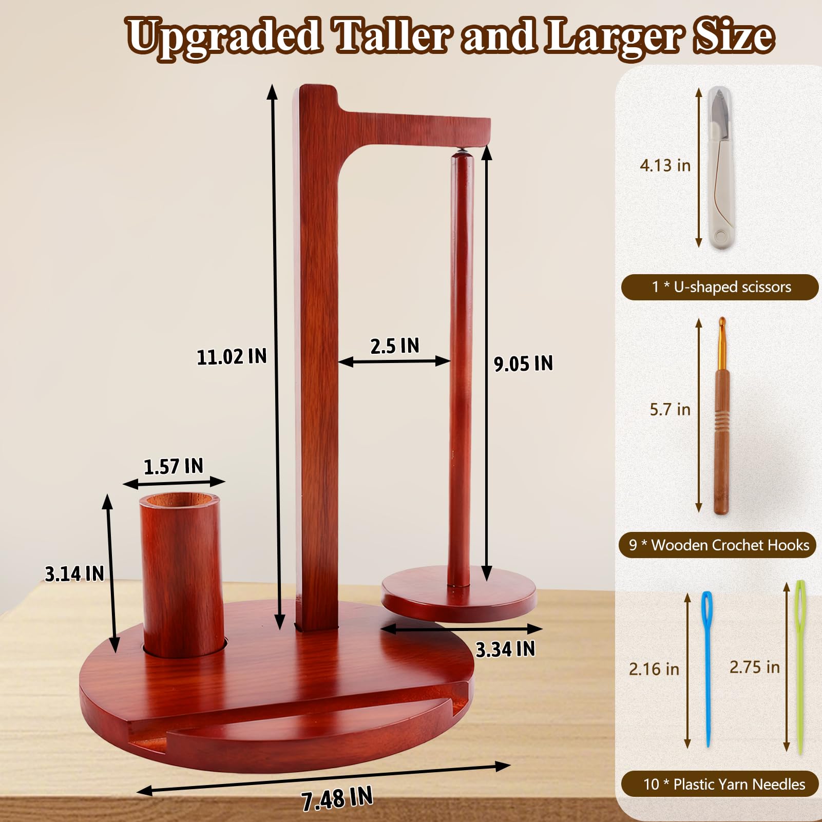 Soporte para hilo de ganchillo y tejer, giratorio magnético de madera con ganchos y agujas, soporte para teléfono y organizador de almacenamiento, regalo ideal para los amantes del tejido