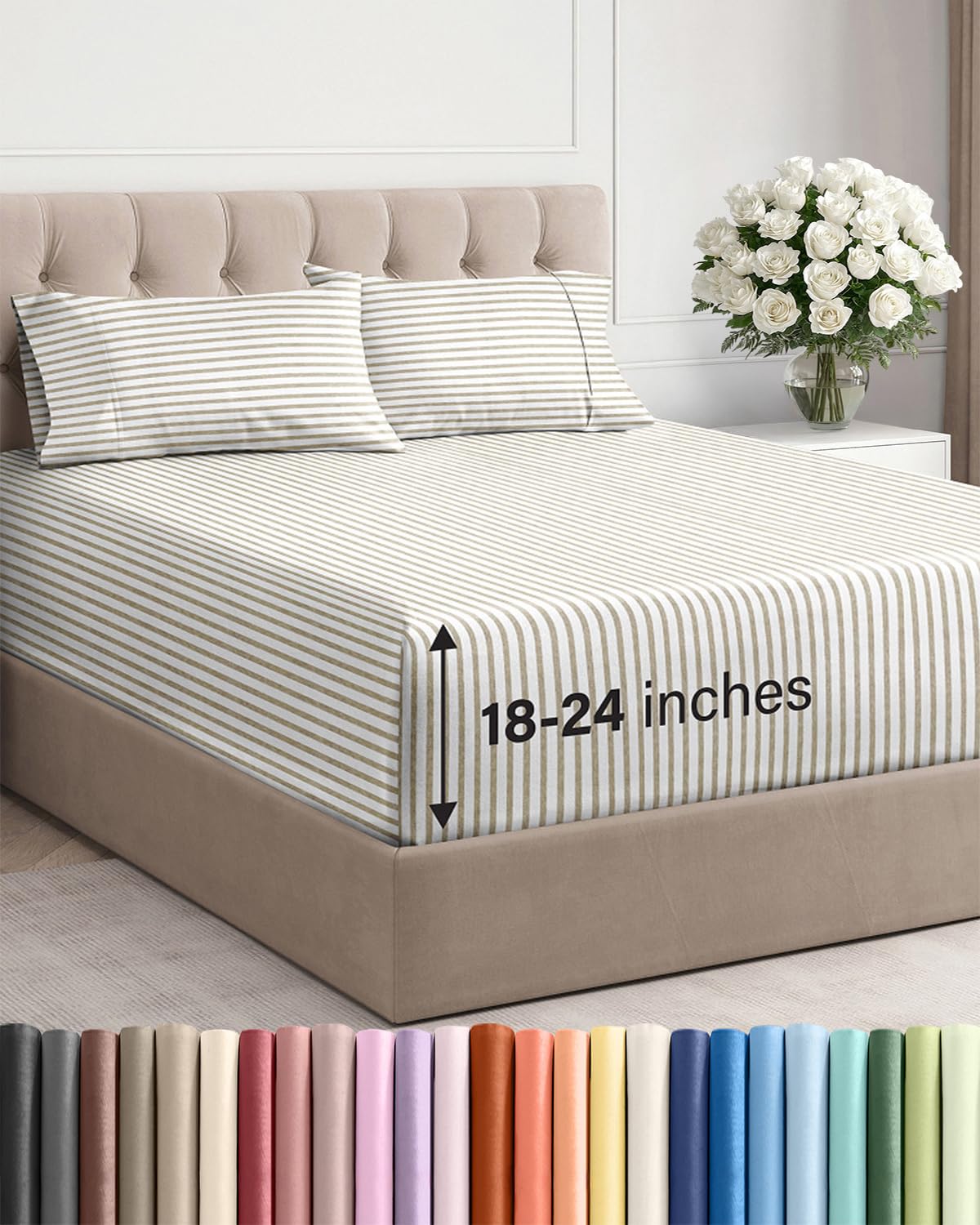 CGK Extra Deep Twin Sheet Set - 4pc Cooling Sheets - Beige Stripes