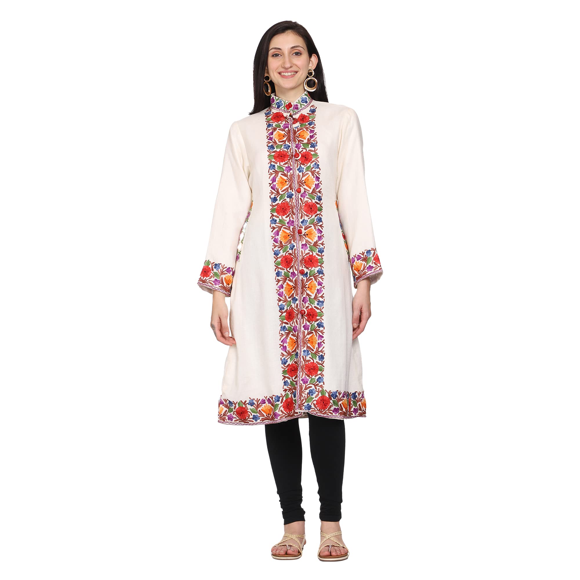 craftbazar Women's Kashmiri Border Embroidered Woolen White Coat (38)-picture-18