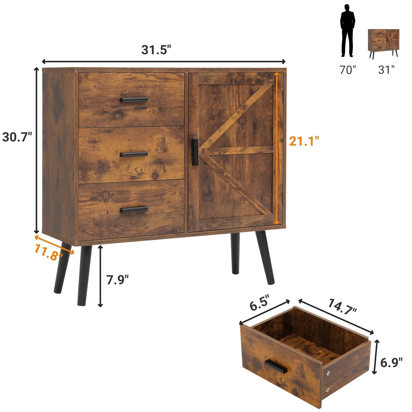 Buy WEENFON Mid Century Storage with 3 Drawers & Door, Floor