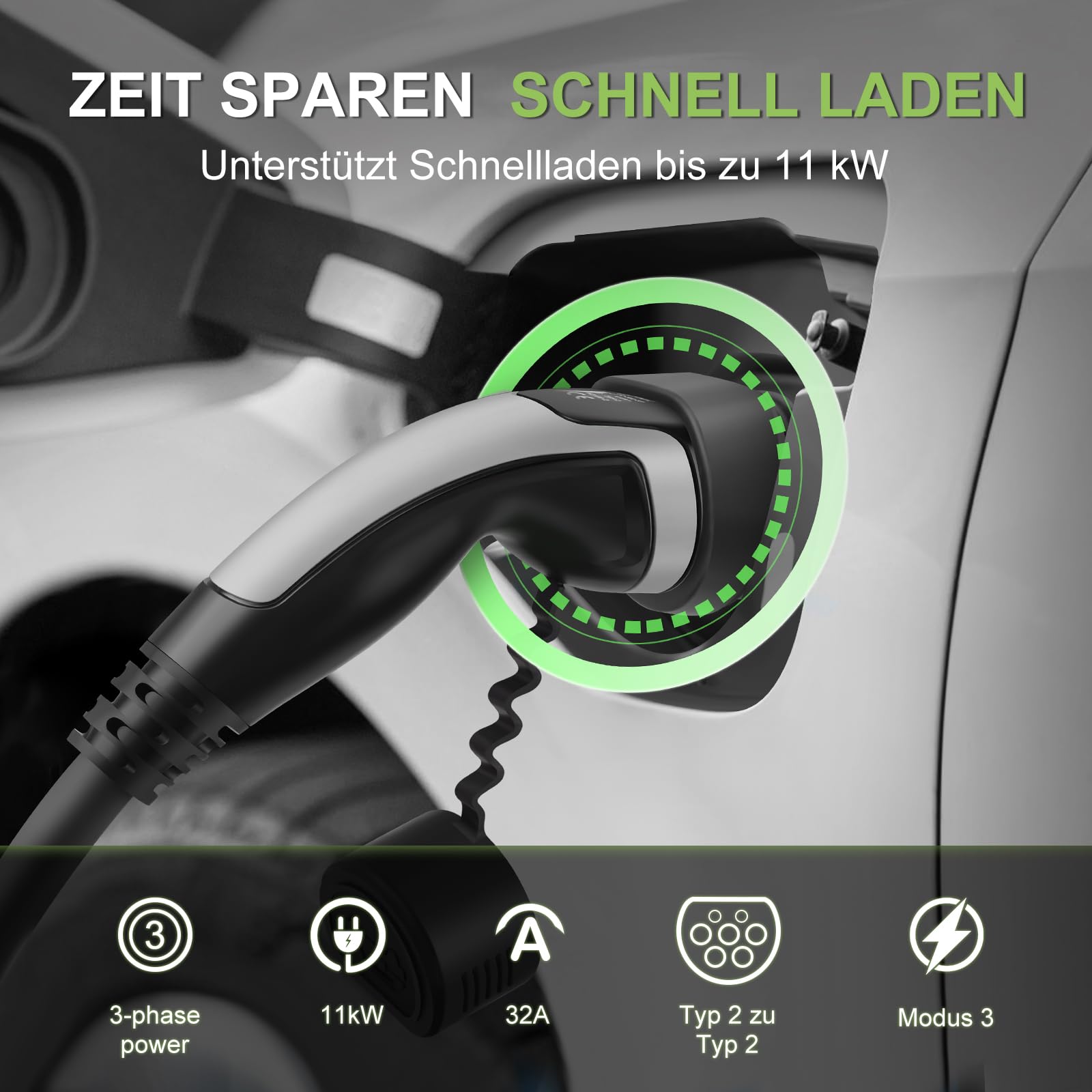 11-5-STR Typ 2 Ladekabel für Elektrofahrzeuge, 11 kW, tragbares 3-Phasen 16A, Mennekes Mode 3 Ladekabel für EV und PHEV (5M Gerades Kabel)