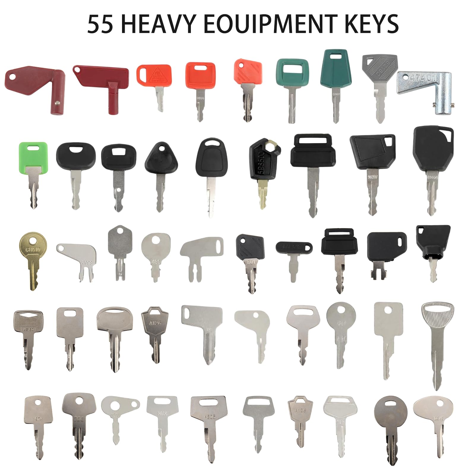 55 Pièces Clé D'allumage de Remplacement Ensemble Excellente Qualité Clef de Chantier Cle Universelle avec Crochet et Œillet Clés pour Machines Installations Excavatrices Tracteurs Motos