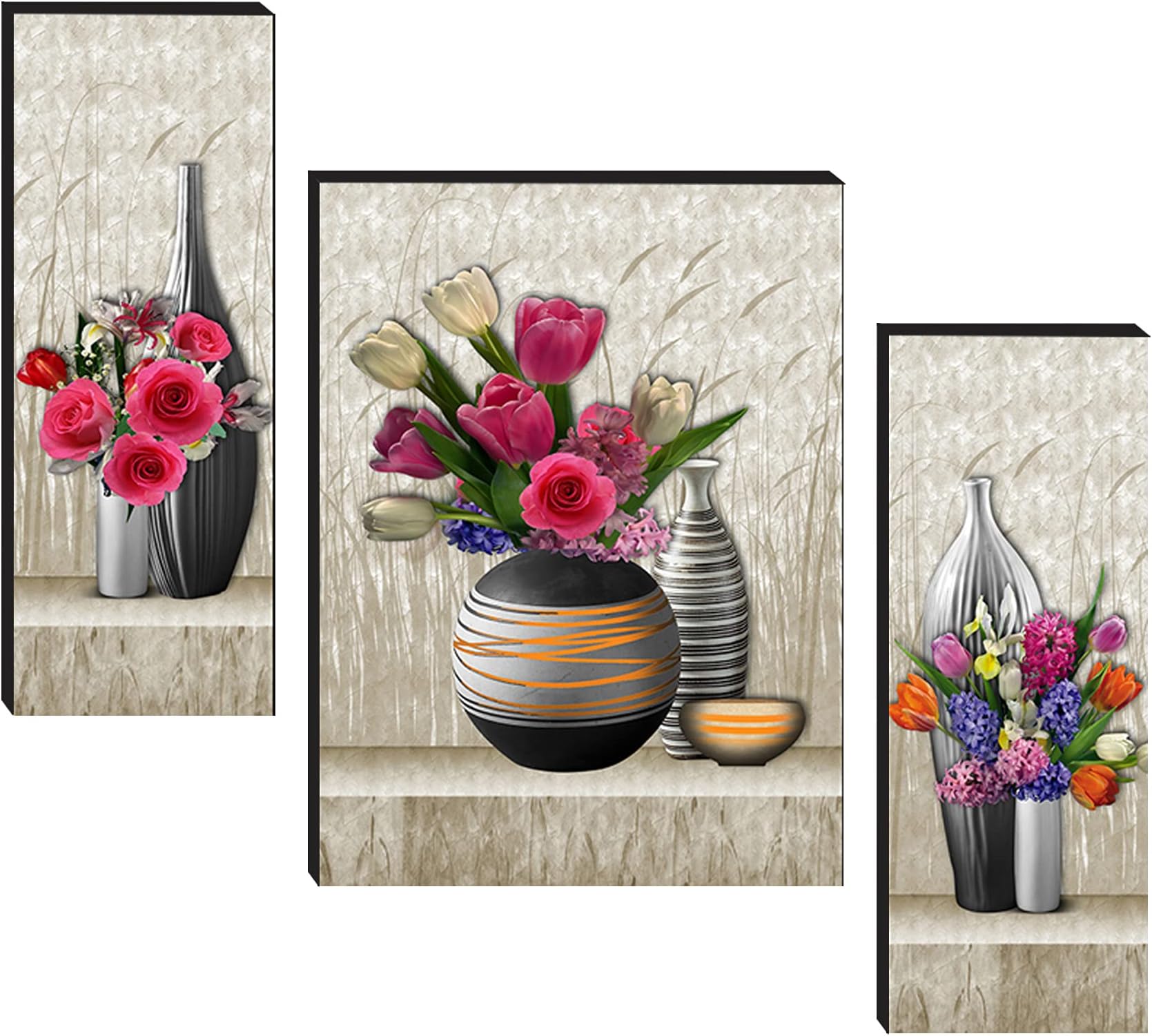 Masstone UV Laminated Grey Colorful Flower Vase Wall Art, Multicolor, Floral, 12 x 18 Inch, Digital Reprint, Set of 3