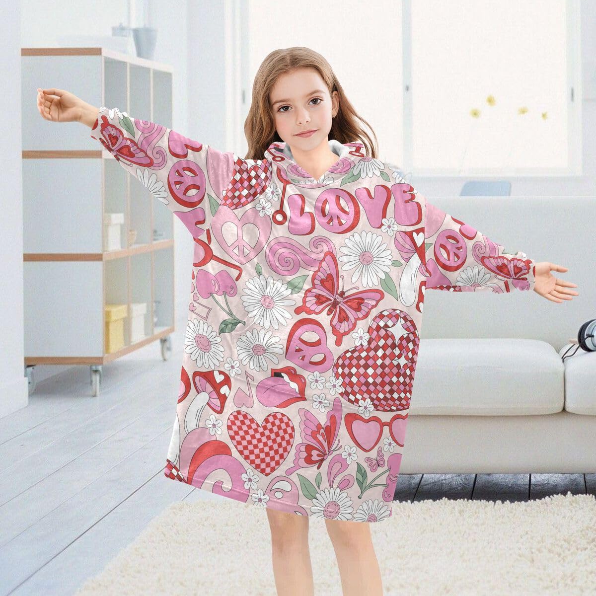 Valentine serce kwiat stokrotka dziecięcy koc do noszenia bluza z kapturem oversize bluza koc pulower wzór motyla dla chłopców dziewcząt w wieku 3-14 lat