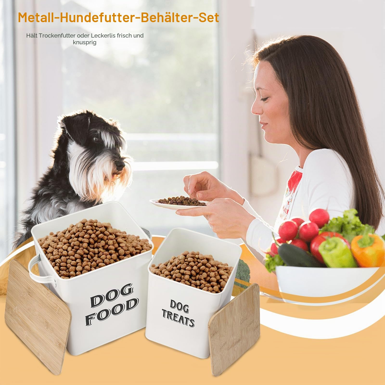 Pethiy Hundefutter und Hundeleckerlis Behälter,Futtertonne mit Schaufel,Eng anliegende Holzdeckel,beschichteter Kohlenstoffstahl,Aufbewahrungsbehälter Dosen,vorratsbehälter für hundefutter -Weiß