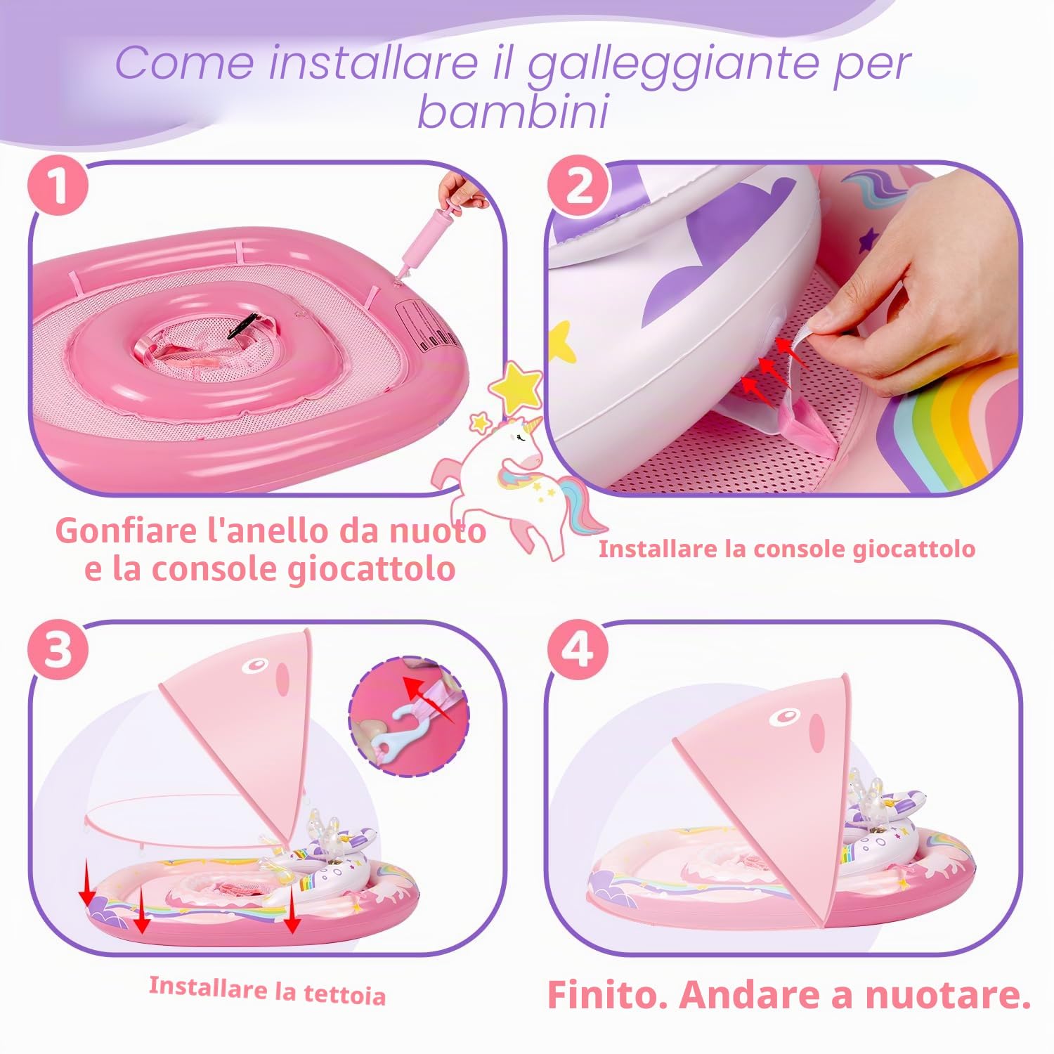 ACELIFE Anello galleggiante per bambini con tettuccio parasole rimovibile e giocattolo, per bambini dai 6 mesi in su, con sedile di sicurezza regolabile, per bambini da 6 a 36 mesi