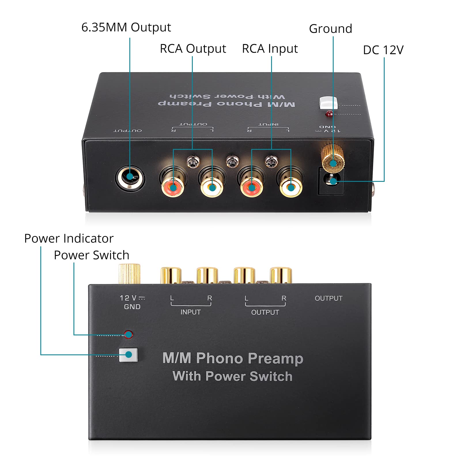 Préampli Phono Mini Préamplificateur Phono M/M avec Adaptateur DC 12V Préamplificateur Stéréo Métal à Faible Sortie pour RCA Entrée & Sortie 1/4" TRS Préamplificateur de Tourne-Disque