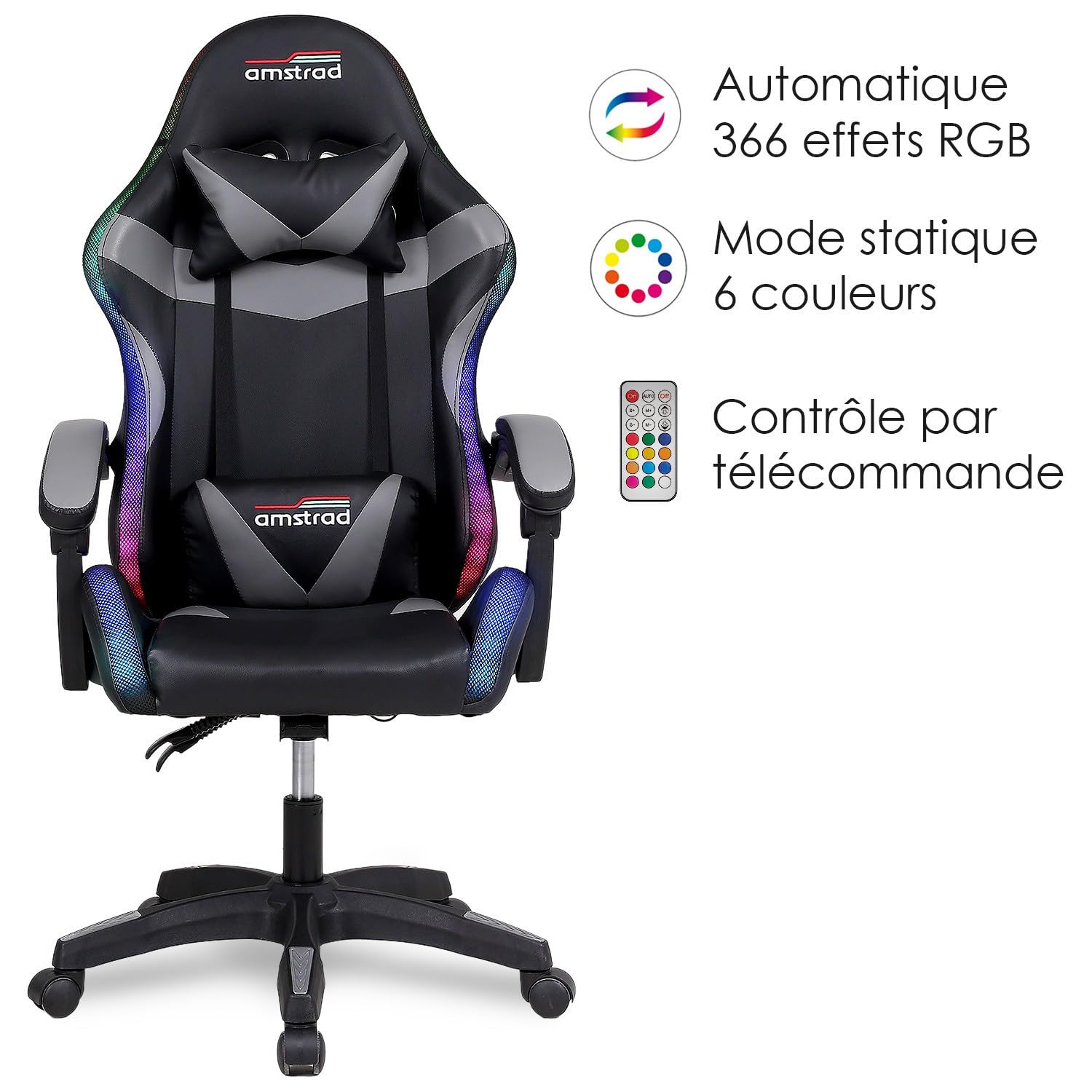 AMSTRAD AMS-800-LED-BK Sillón/Silla de oficina Gamer Negro Gris - Iluminación LED 358 Efectos - Mando a distancia
