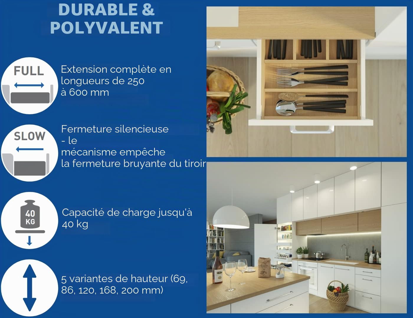 GTV - Système de Tiroirs Axis Pro, Ensemble de Tiroirs, Extraction Totale, Amortissement Intégré, Charge 40 kg, Tiroir Coulissant avec Fermeture Douce - Largeur 400 mm, Hauteur 120 mm, Blanc