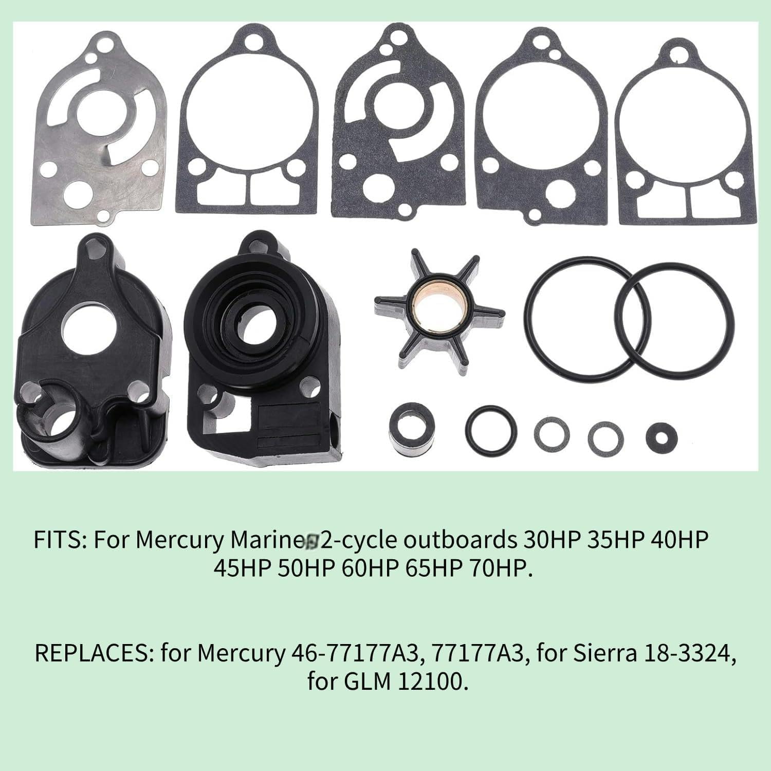 46-77177A3 Water Pump Impeller Repair Kit for Mercury for Mariner for Quicksilver 30 35 40 45 50 60 65 70 HP 2 Stroke Outboard Replace 18-3324