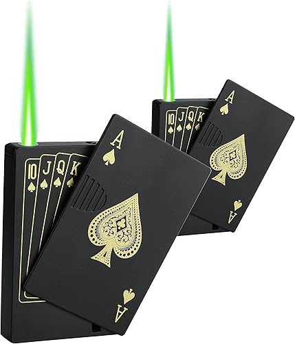 Miniatura 7 de Encendedor de antorcha de chorro de 2 unidades, encendedor de tarjetas de llama verde y roja, diseño de póquer a prueba de viento, encendedor de